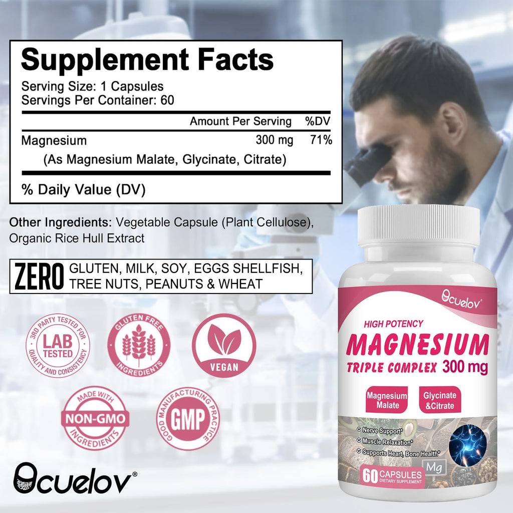 Triple Magnesium Complex 300mg – Glycinate, Malate & Citrate | 60 Caps | Vegan & Non-GMO