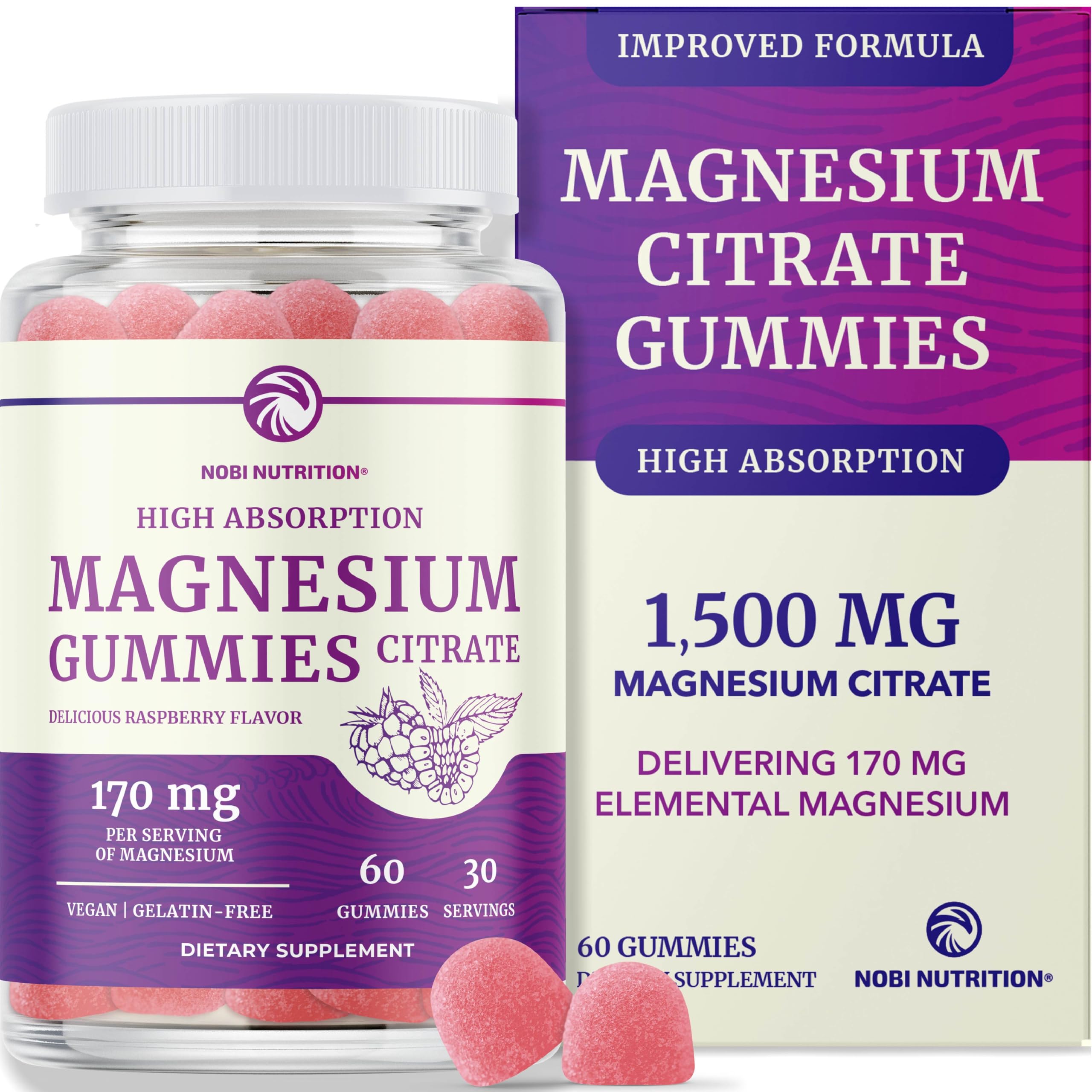 Magnesium Citrate Gummies – Extra Strength, Calm & Digestion | Vegan, Non-GMO | Raspberry 60 Ct