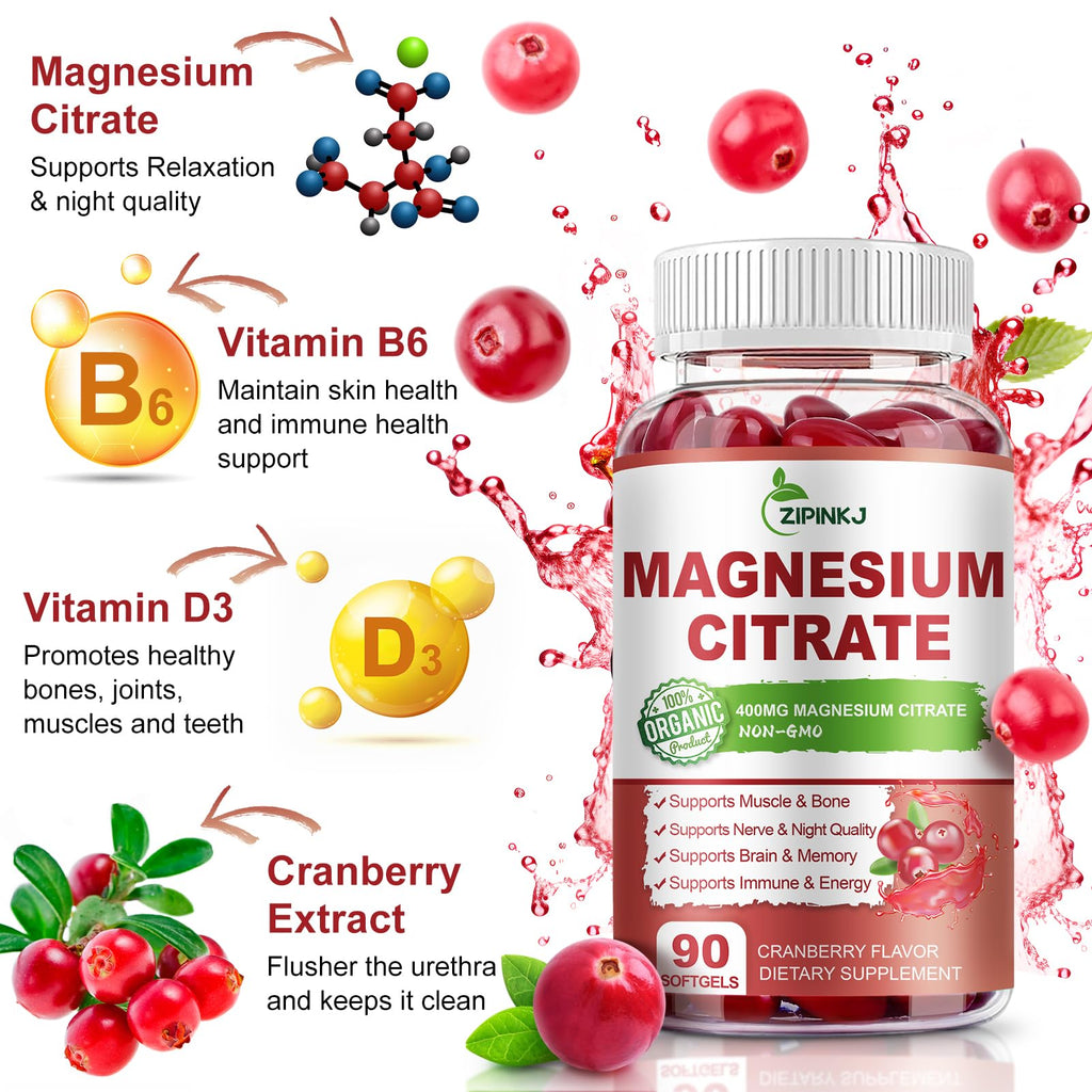 Magnesium Citrate 400mg with Vitamin D3, B6 & Cranberry – 180-Count, 90 Days Supply