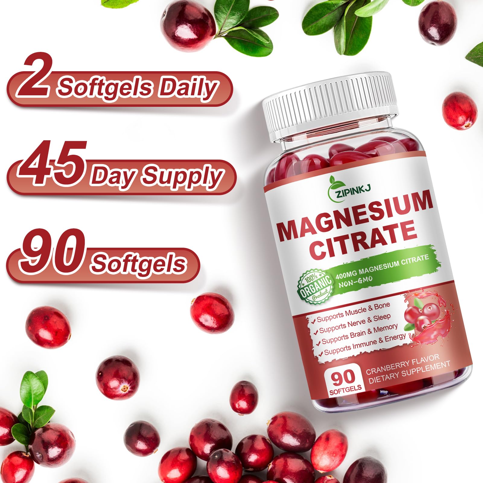 Magnesium Citrate 400mg with Vitamin D3, B6 & Cranberry – 180-Count, 90 Days Supply
