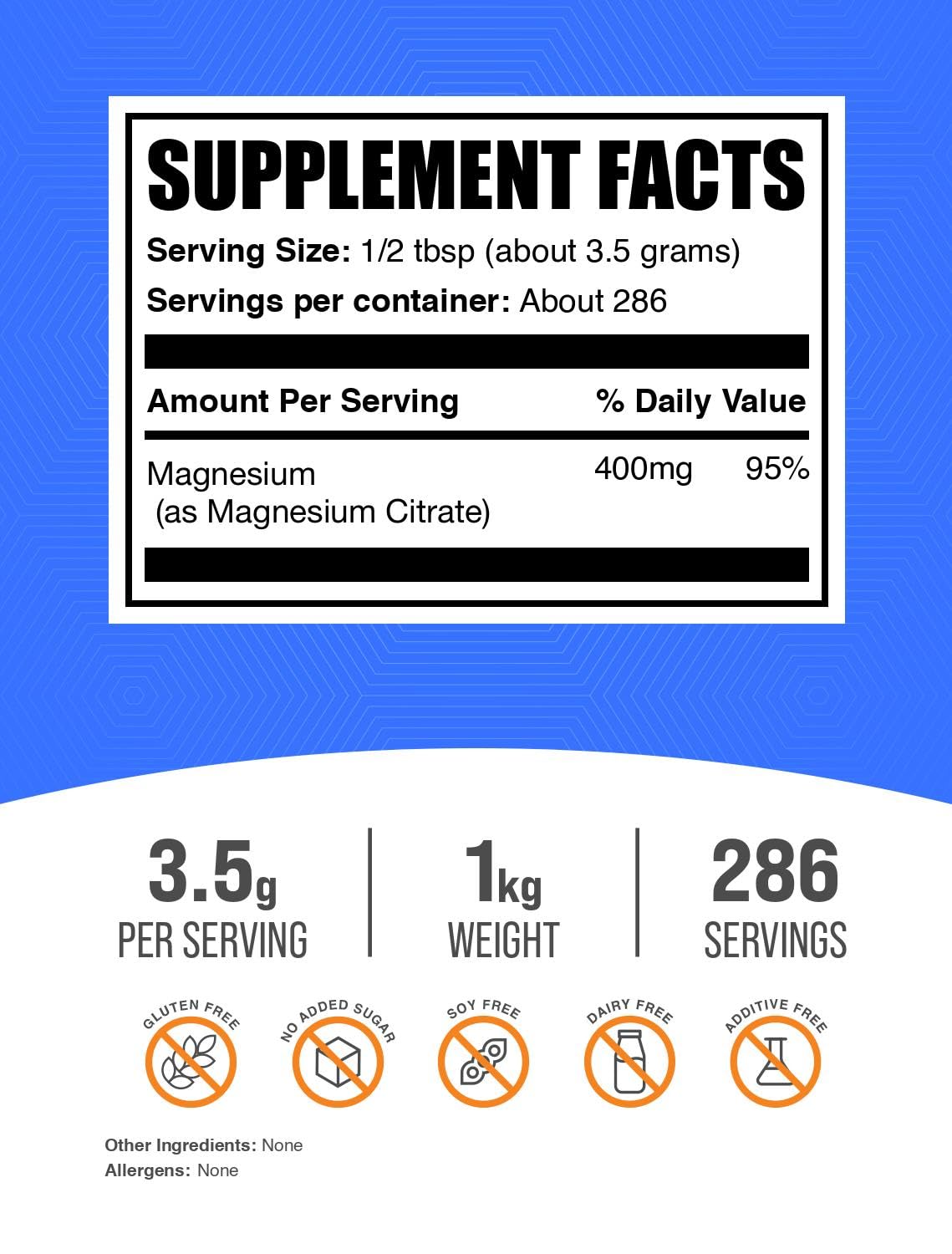 Magnesium Citrate Powder 400mg - Easily Absorbable, Gluten Free | 1kg (2.2 lb)