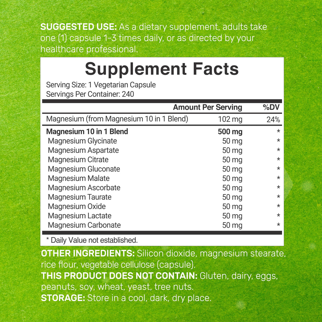 DEAL SUPPLEMENT Magnesium Complex 500mg – 480 Veggie Capsules | 10-in-1 Chelated Magnesium