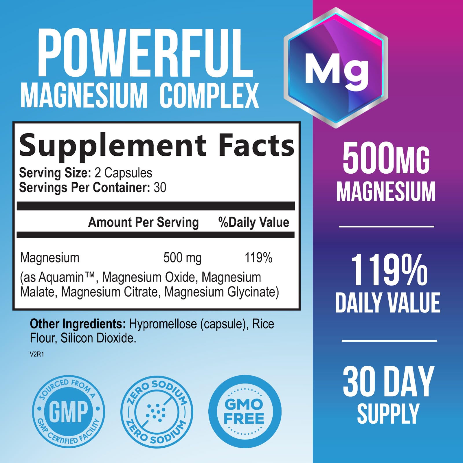 Magnesium Complex 500 mg – 5-in-1 High Absorption Chelated Magnesium Glycinate, Malate, Citrate, Oxide & Aquamin | Non-GMO, 60 Capsules