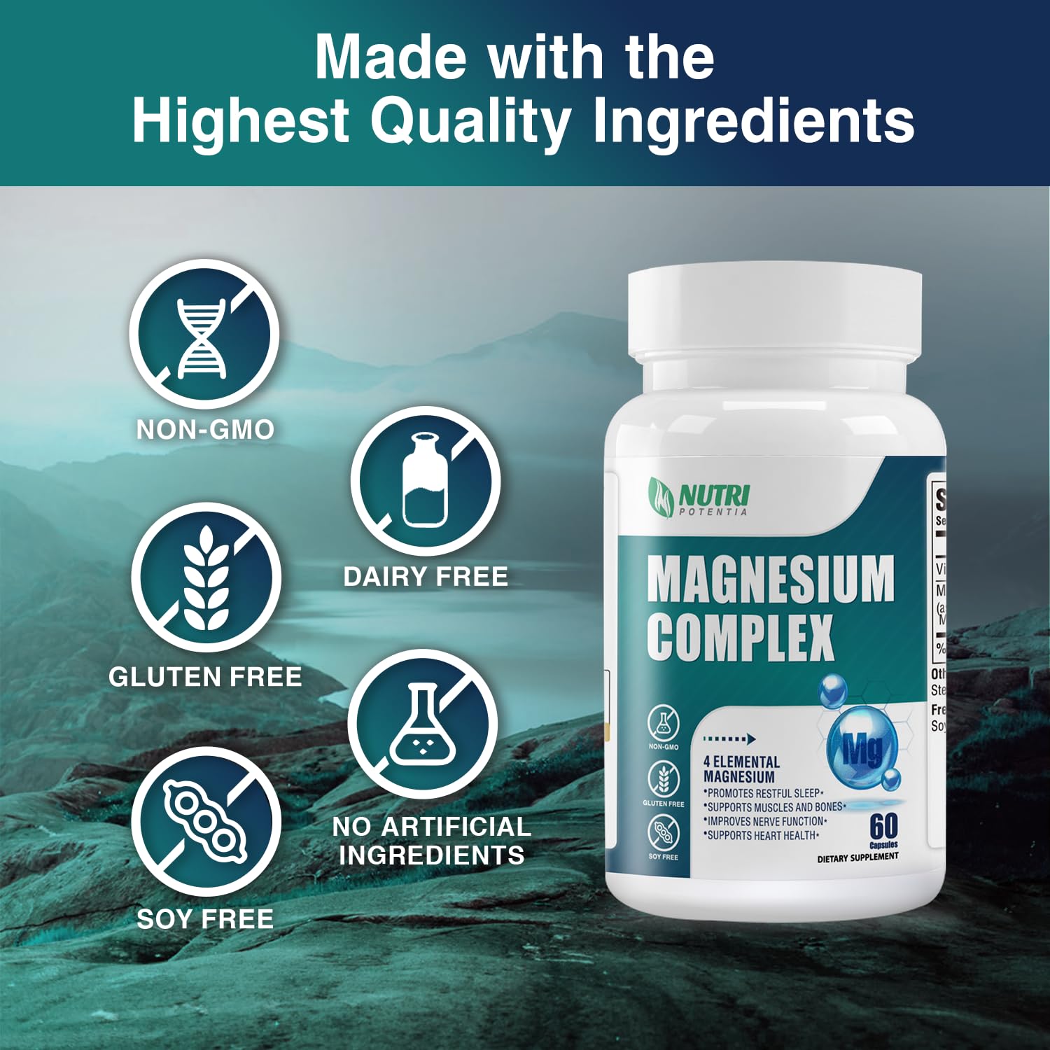 Magnesium Complex Supplement 500 mg – Glycinate, Citrate, Malate, Taurate + B6 | Bone, Heart, Muscle & Nervous System Support | 60 Capsules