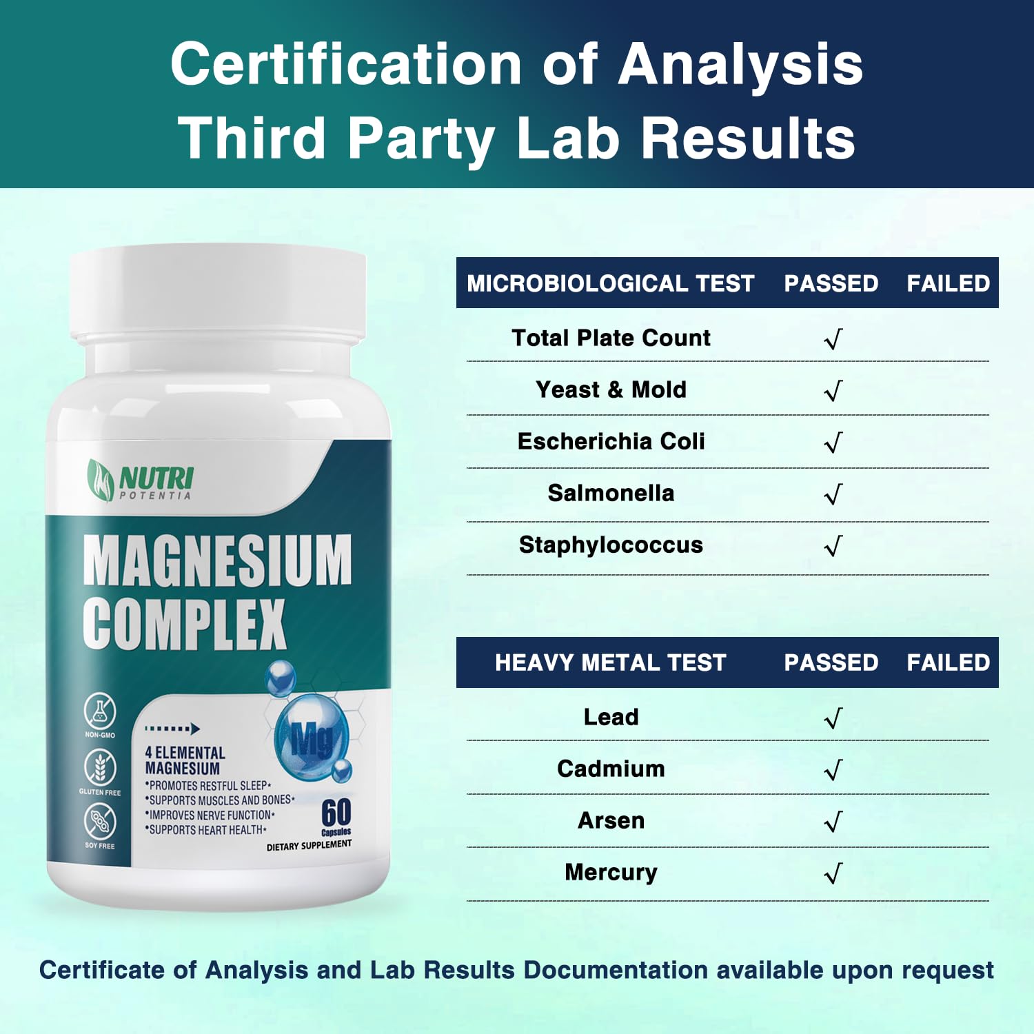 Magnesium Complex Supplement 500 mg – Glycinate, Citrate, Malate, Taurate + B6 | Bone, Heart, Muscle & Nervous System Support | 60 Capsules
