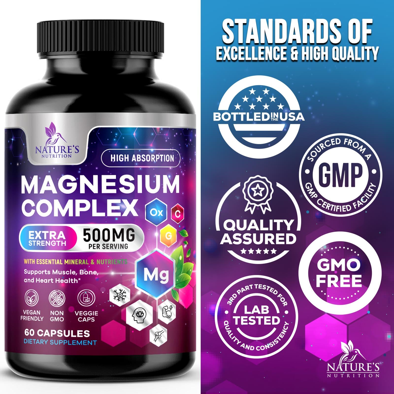 Magnesium Complex 500 mg – 5-in-1 High Absorption Chelated Magnesium Glycinate, Malate, Citrate, Oxide & Aquamin | Non-GMO, 60 Capsules