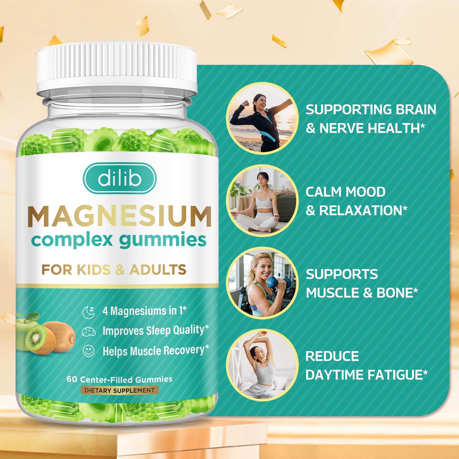 Magnesium Complex Gummies for Kids & Adults | Vegan 60 Gummies - Glycinate, Taurate, Citrate & Malate