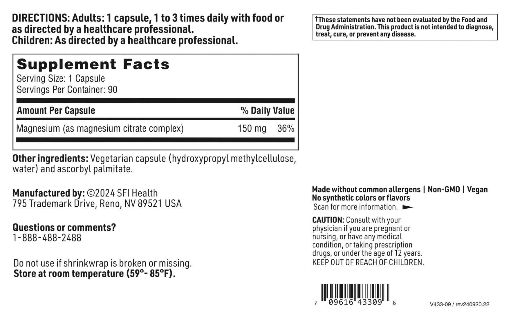 Klaire Labs SFI Health Magnesium Citrate Supplement – 90 Capsules
