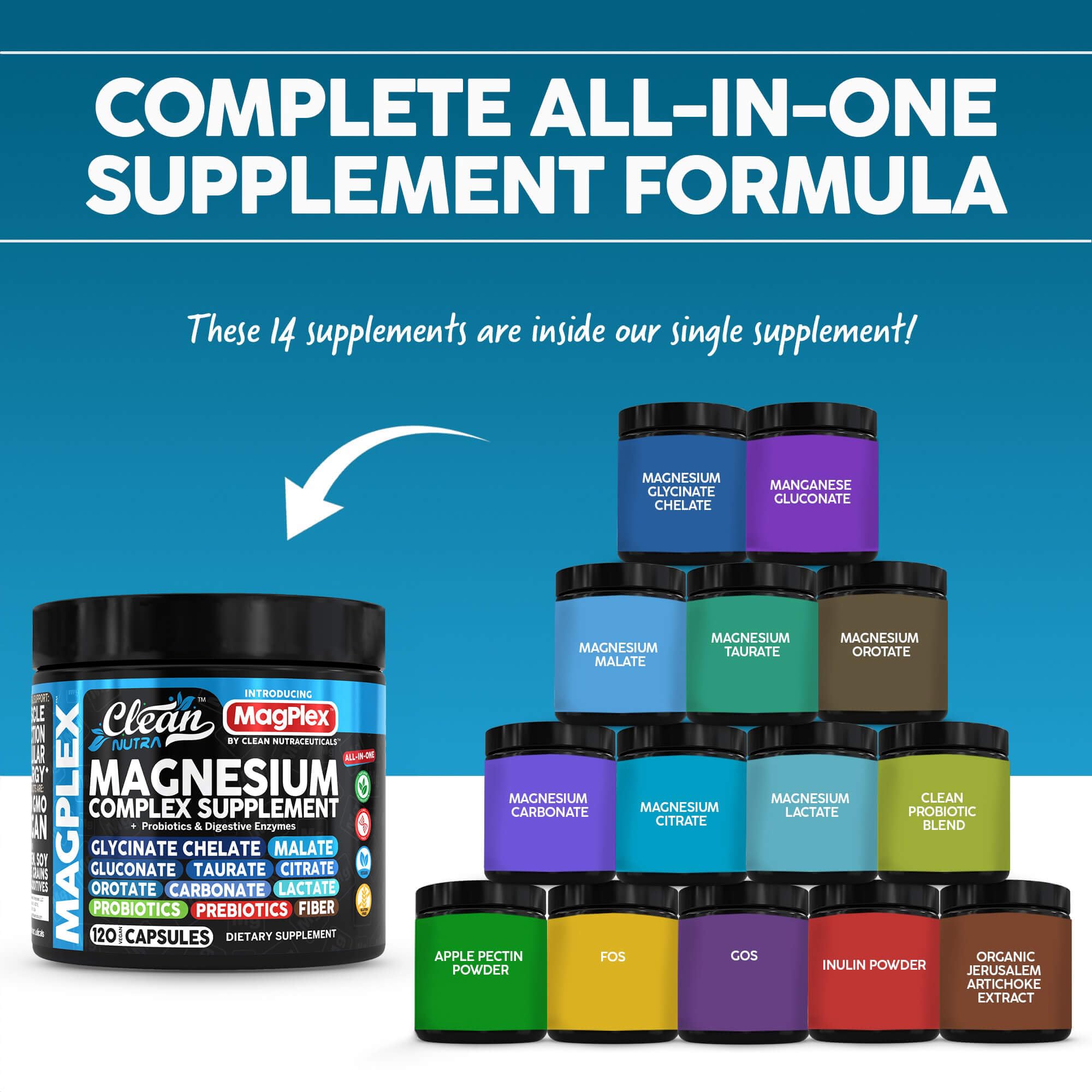 8in1 Magnesium Supplement Complex | Clean Nutra Magplex Glycinate, Citrate, Malate & Probiotics