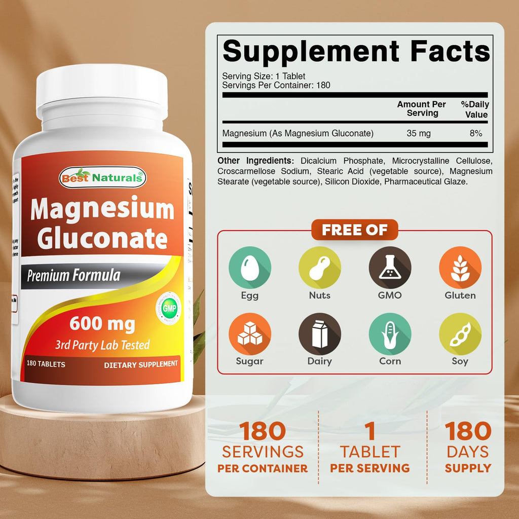Best Naturals Magnesium Gluconate - 35 mg Mg from 600 mg Gluconate - 180 Tablets (Pack of 2)