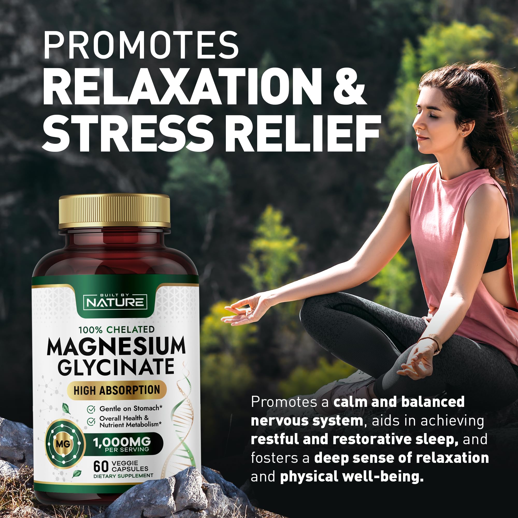 Built By Nature Magnesium Glycinate 1000mg – High Absorption, 100% Chelated, Gentle on Stomach | 60 Capsules