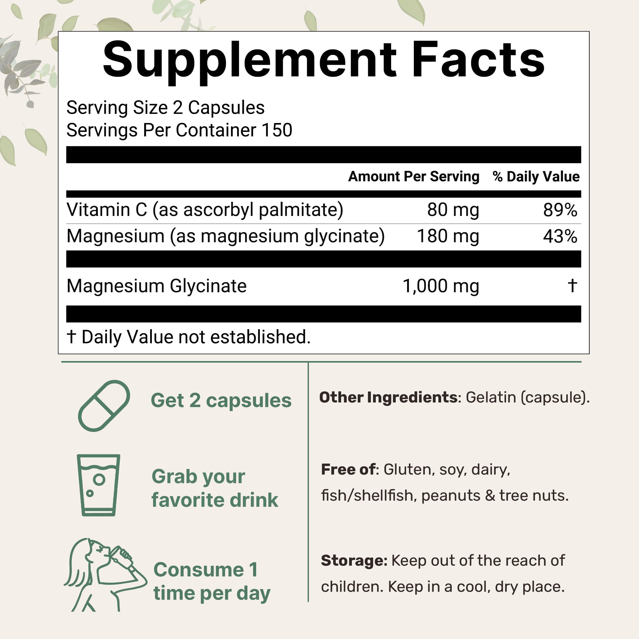 Pure Magnesium Glycinate 1,000mg | 300 Capsules | Chelated for Maximum Absorption + Vitamin C