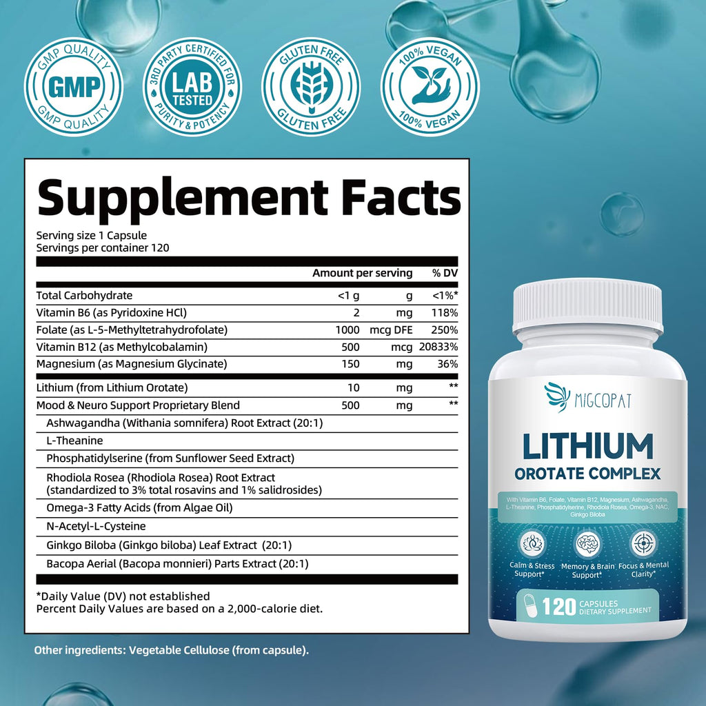 Lithium Orotate Complex – 7-in-1 Brain Health Support | Vegan, Non-GMO, 120 Capsules