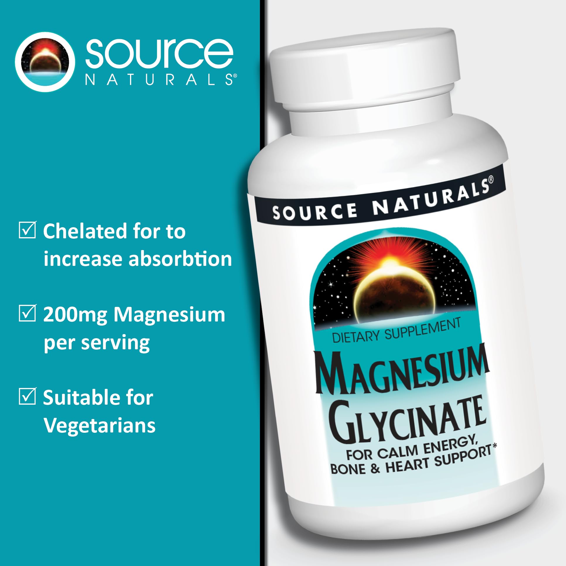 Source Naturals Magnesium Glycinate | Chelated for High Absorption | Calming Energy, Bone & Heart Support* | 200 mg per Serving - 180 Tablets