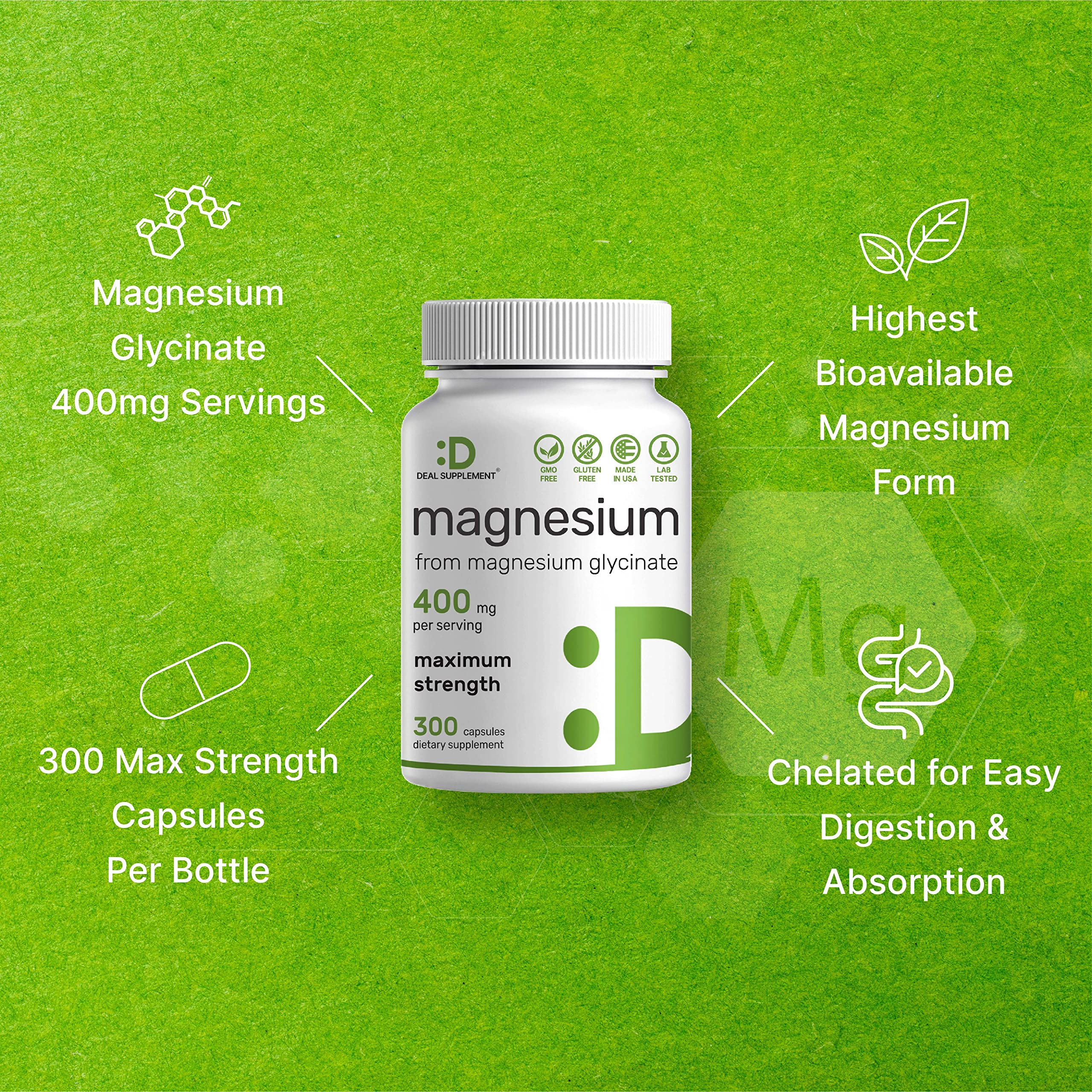Magnesium Glycinate 400mg, 300 Capsules | 100% Chelated for Easy Absorption | Essential Mineral Supplement for Muscle, Sleep & Heart Health