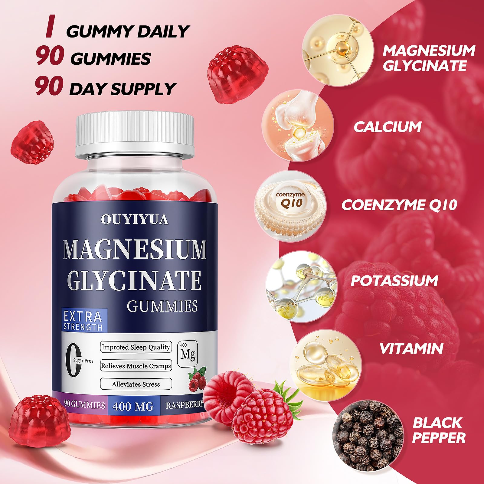 OUYIYUA Magnesium Glycinate 400mg Gummies - Sugar Free with Vitamin D & B6 | 2 Pack