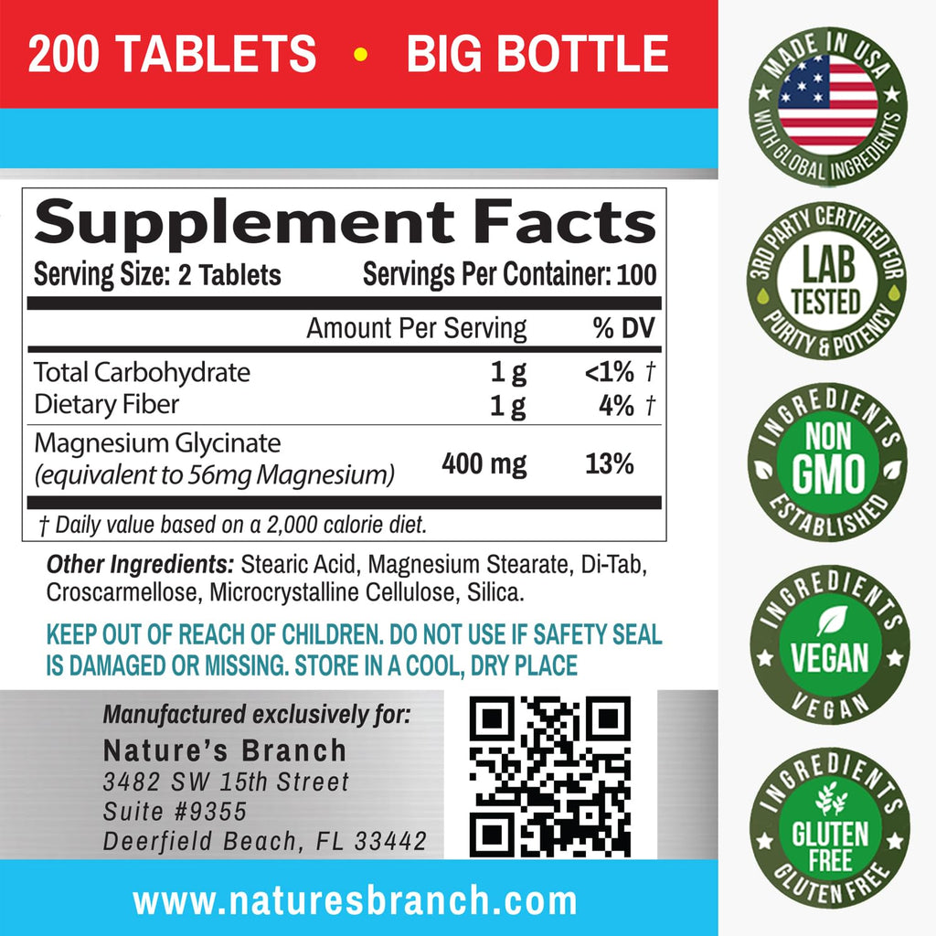 Magnesium Glycinate 400 mg | 200 Tablets - High Absorption Non-Buffered Bisglycinate for Sleep, Leg Cramps, Heart & Muscle Support