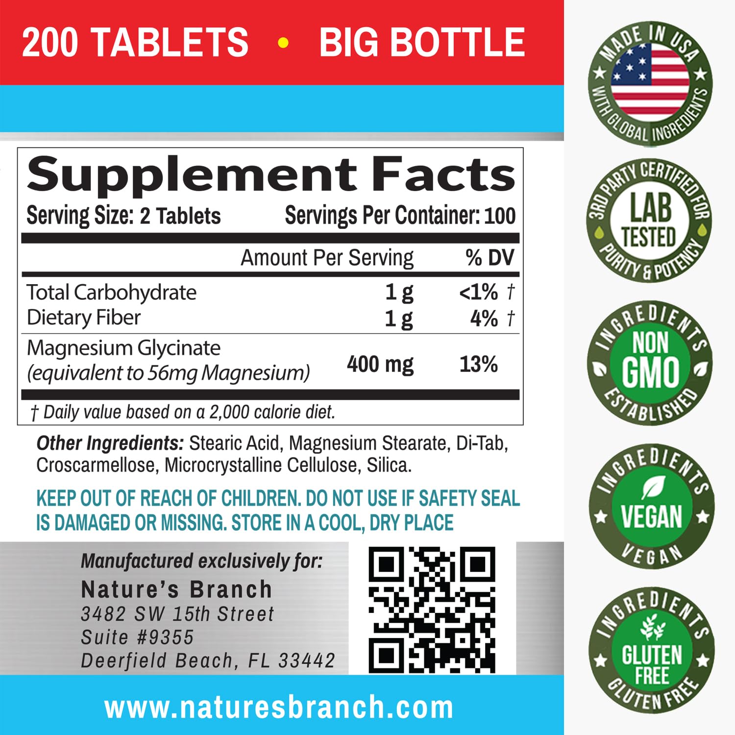Magnesium Glycinate 400 mg | 200 Tablets - High Absorption Non-Buffered Bisglycinate for Sleep, Leg Cramps, Heart & Muscle Support