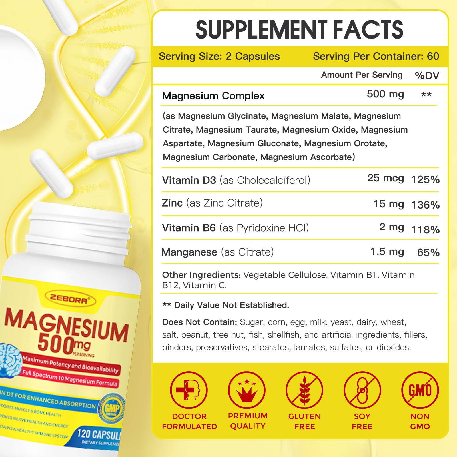 10-in-1 Magnesium Complex 500mg Glycinate, Citrate & Malate - Vitamin D3 & Zinc - 120 Capsules