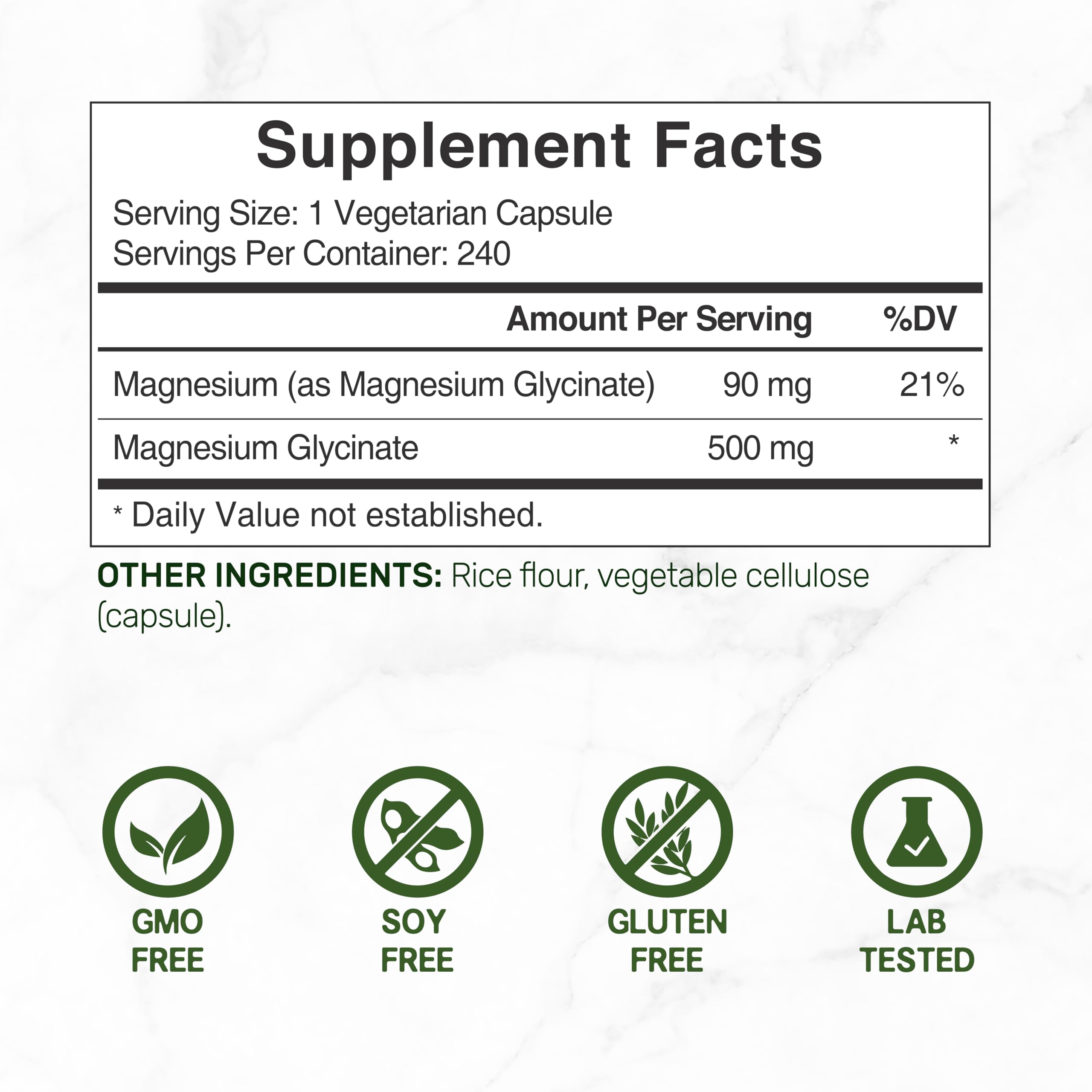Magnesium Glycinate 500mg, 240 Veggie Capsules – Chelated, Non-GMO, Vegan Friendly