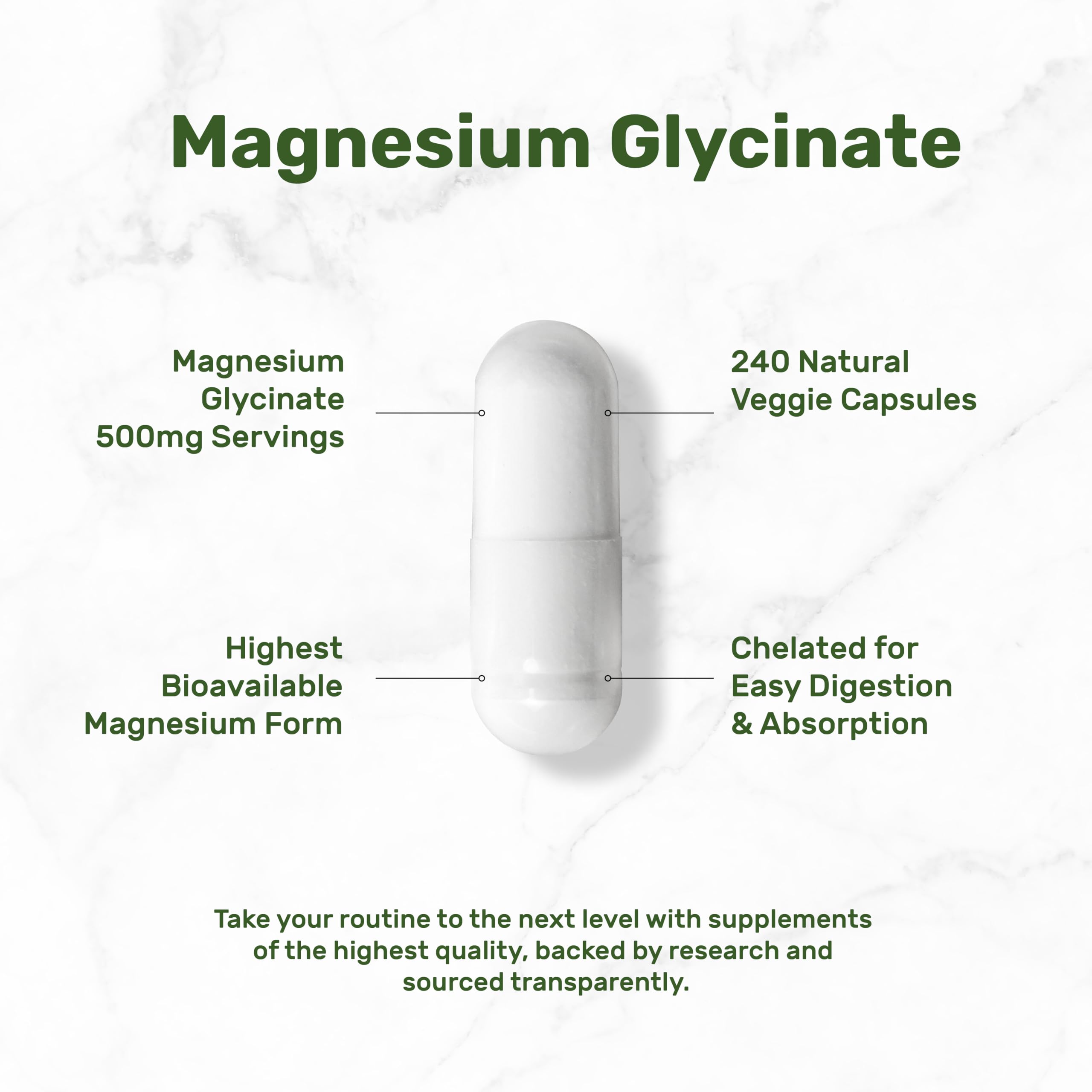 Magnesium Glycinate 500mg, 240 Veggie Capsules – Chelated, Non-GMO, Vegan Friendly