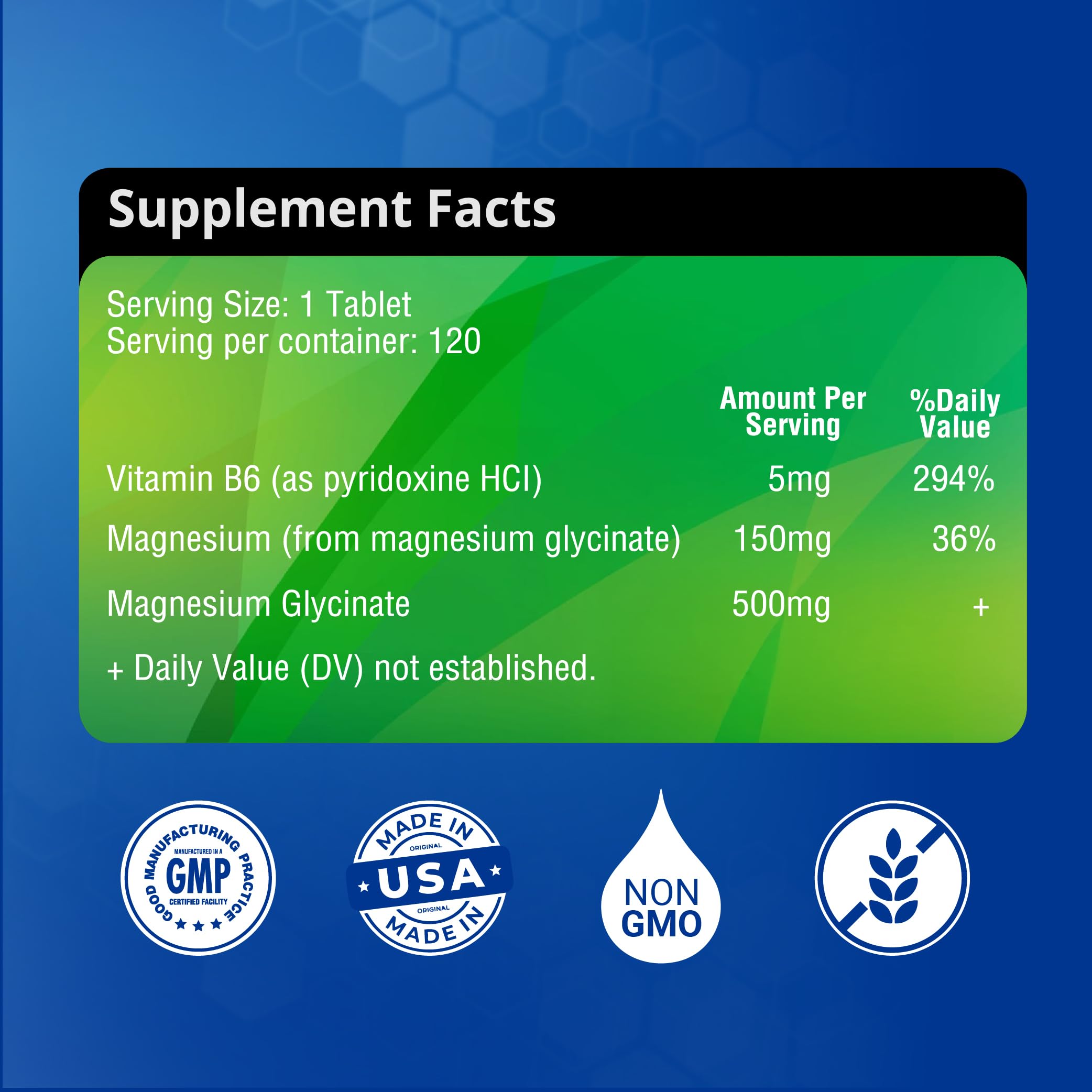 Magnesium Glycinate 500mg with B6 – 120 Vegetarian Tablets | Non-GMO, Gluten Free