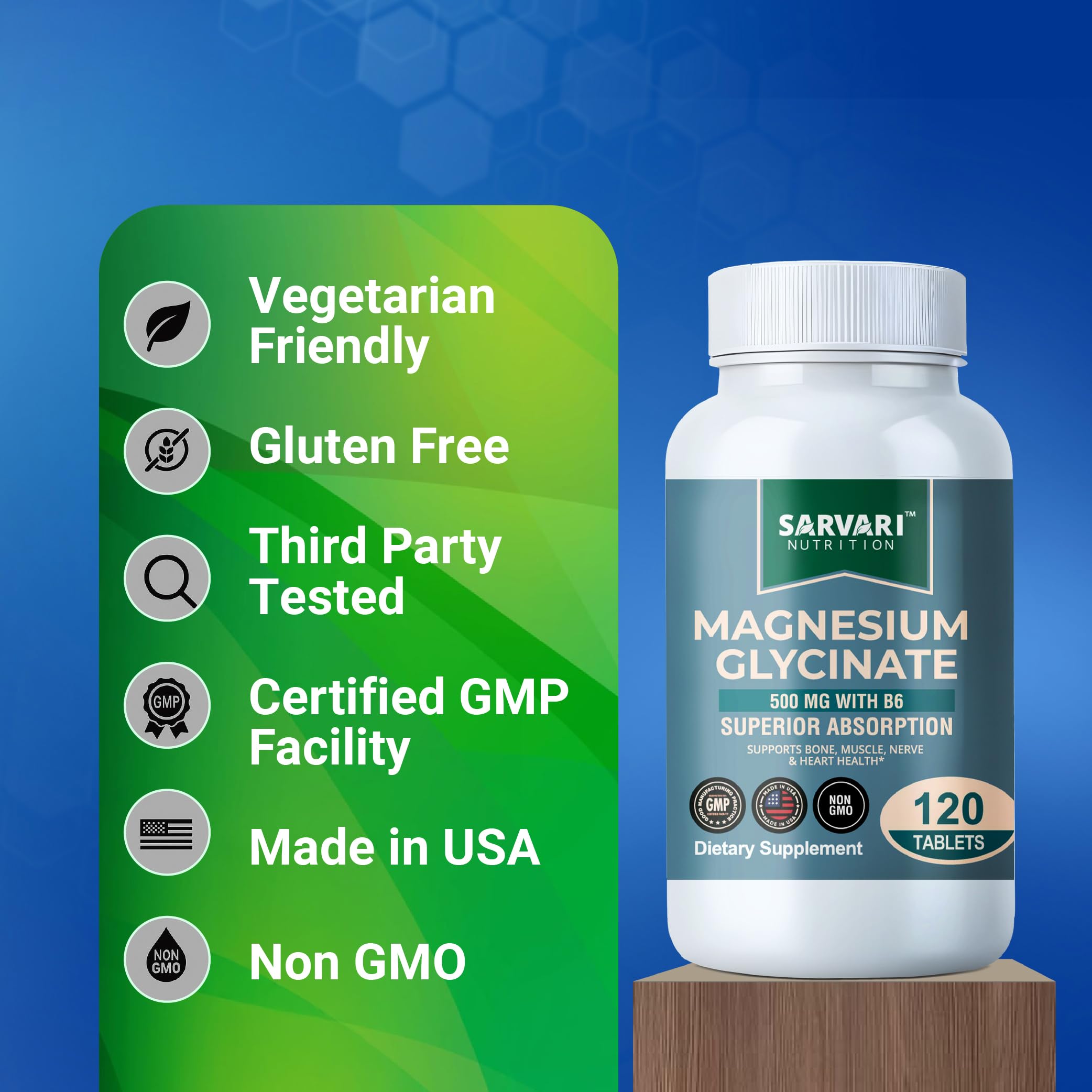 Magnesium Glycinate 500mg with B6 – 120 Vegetarian Tablets | Non-GMO, Gluten Free