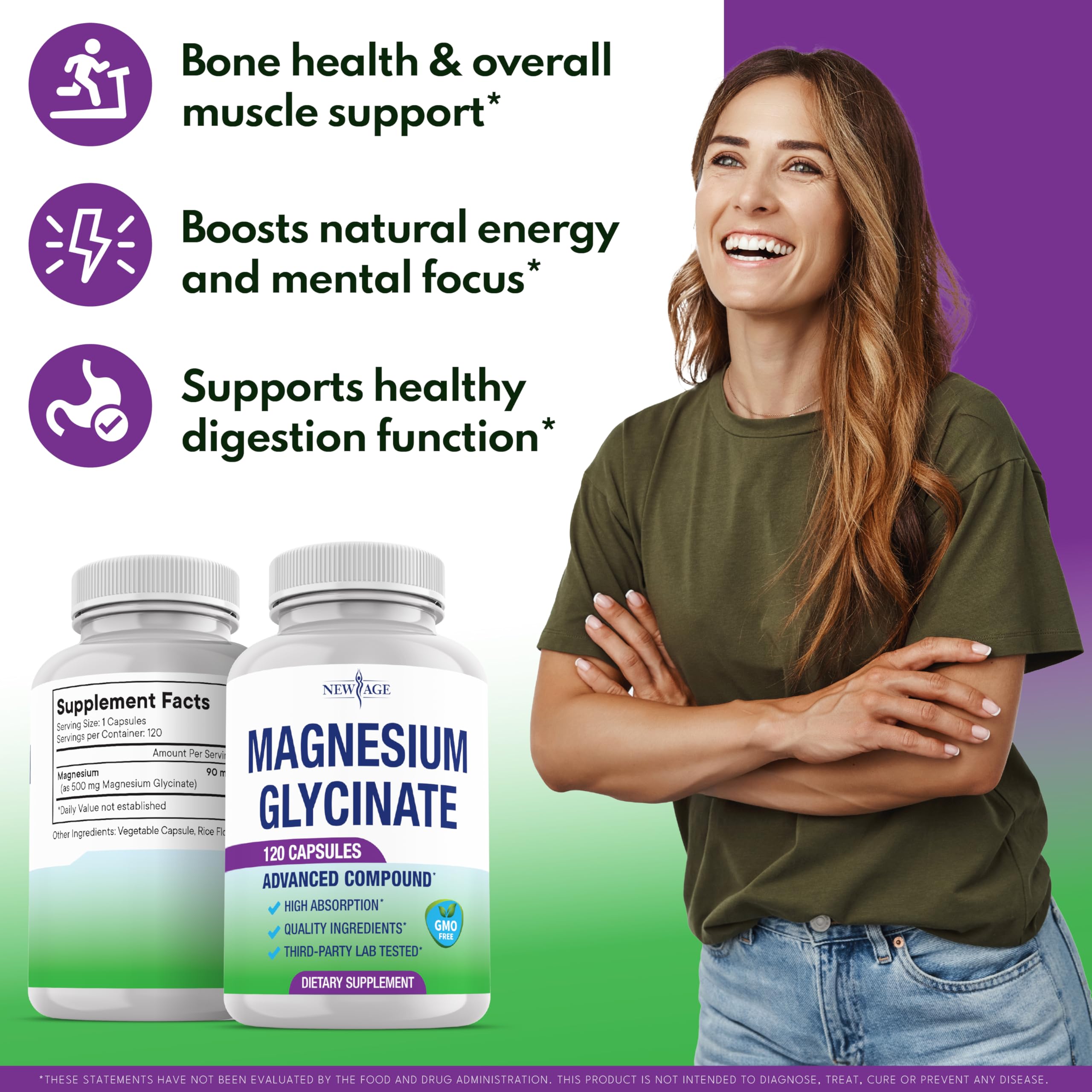 Magnesium Glycinate 500mg | 90mg Elemental Magnesium per Capsule | Muscle & Bone Health | 120 Vegan Capsules