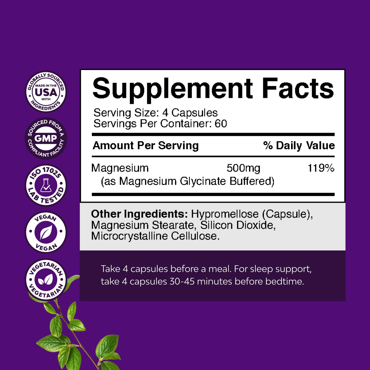 High Absorption Magnesium Glycinate 500mg Capsules | Sleep, Nerve & Muscle Support