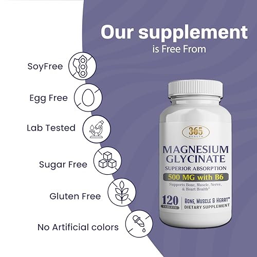 365 Health Magnesium Glycinate 500mg – 120 Vegetarian Tablets | Non-GMO, Gluten Free