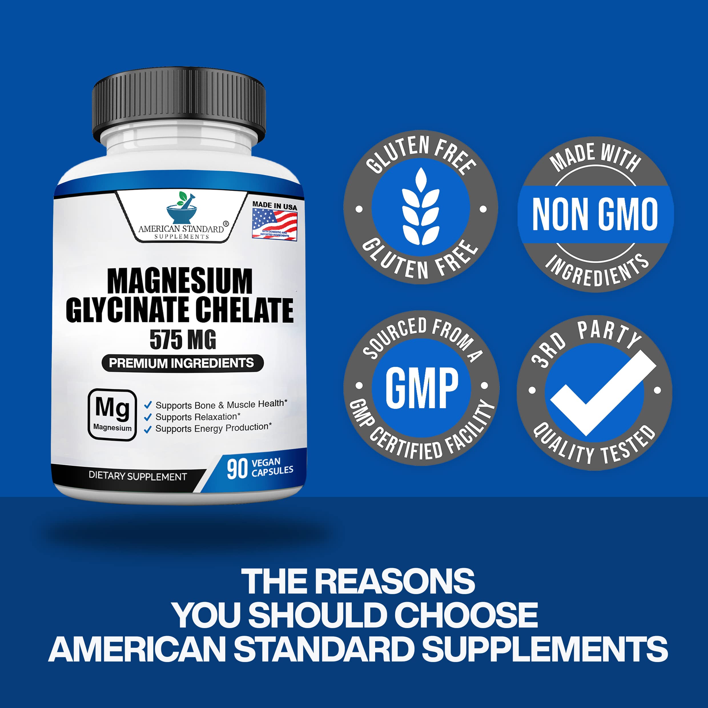 Magnesium Glycinate 575mg - 90 Veggie Capsules (Pack of 2) | American Standard Supplements