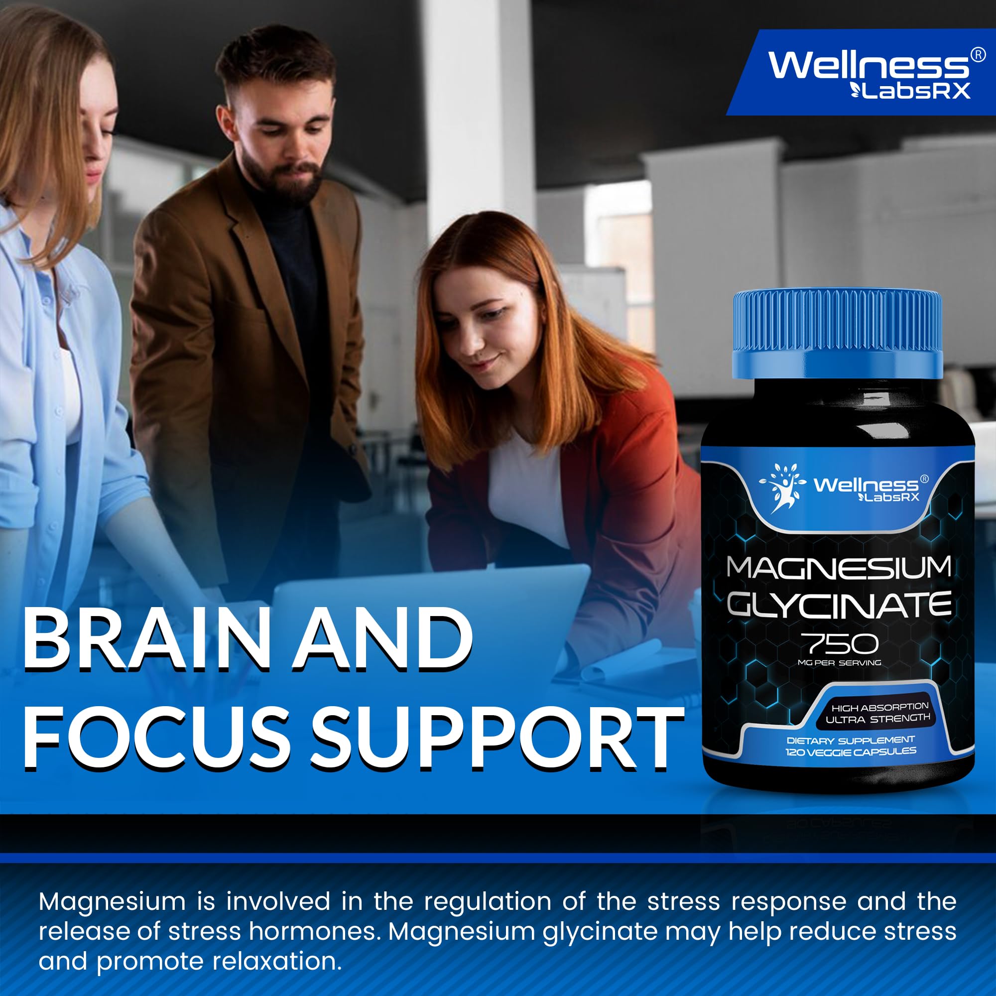Magnesium Glycinate 750mg – High Absorption Chelated Calm Support for Women and Men (120 Count)