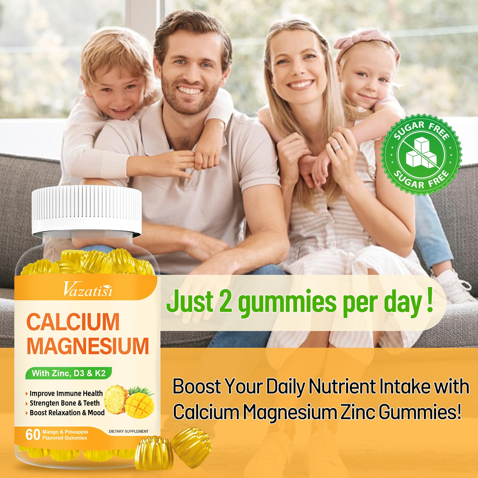 Calcium Magnesium Zinc Gummies with Vitamin D3 & K2 – Vegan Mango-Pineapple, 60 Gummies