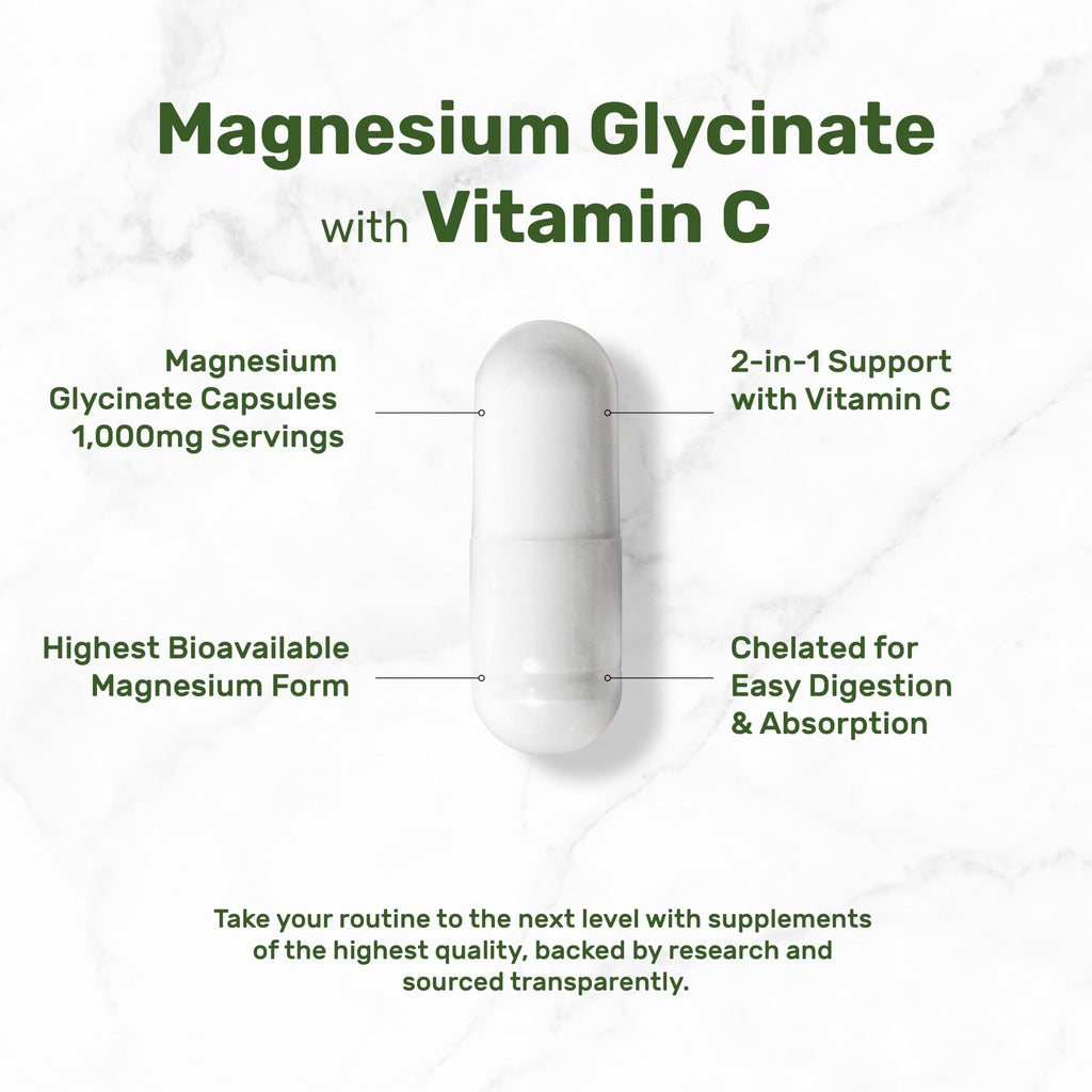 Magnesium Glycinate 1000mg per Serving + Vitamin C – 240 Capsules (Chelated, Easy Absorption)