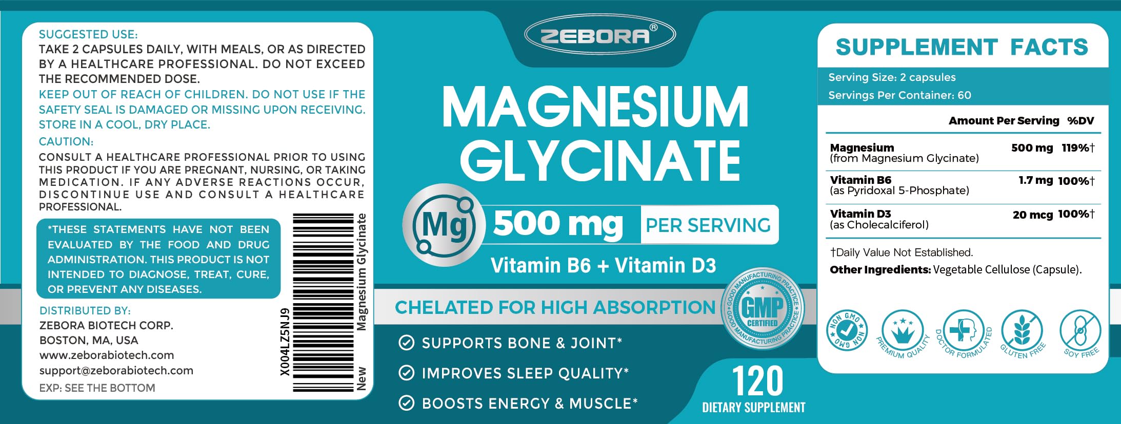 Magnesium Glycinate 500mg – High Absorption with B6 & D3 (120 Capsules)