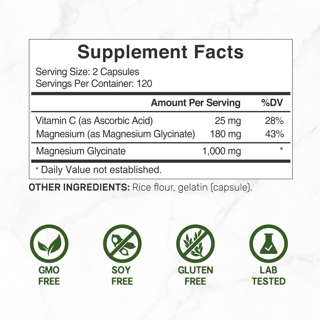 Magnesium Glycinate 1000mg per Serving + Vitamin C – 240 Capsules (Chelated, Easy Absorption)