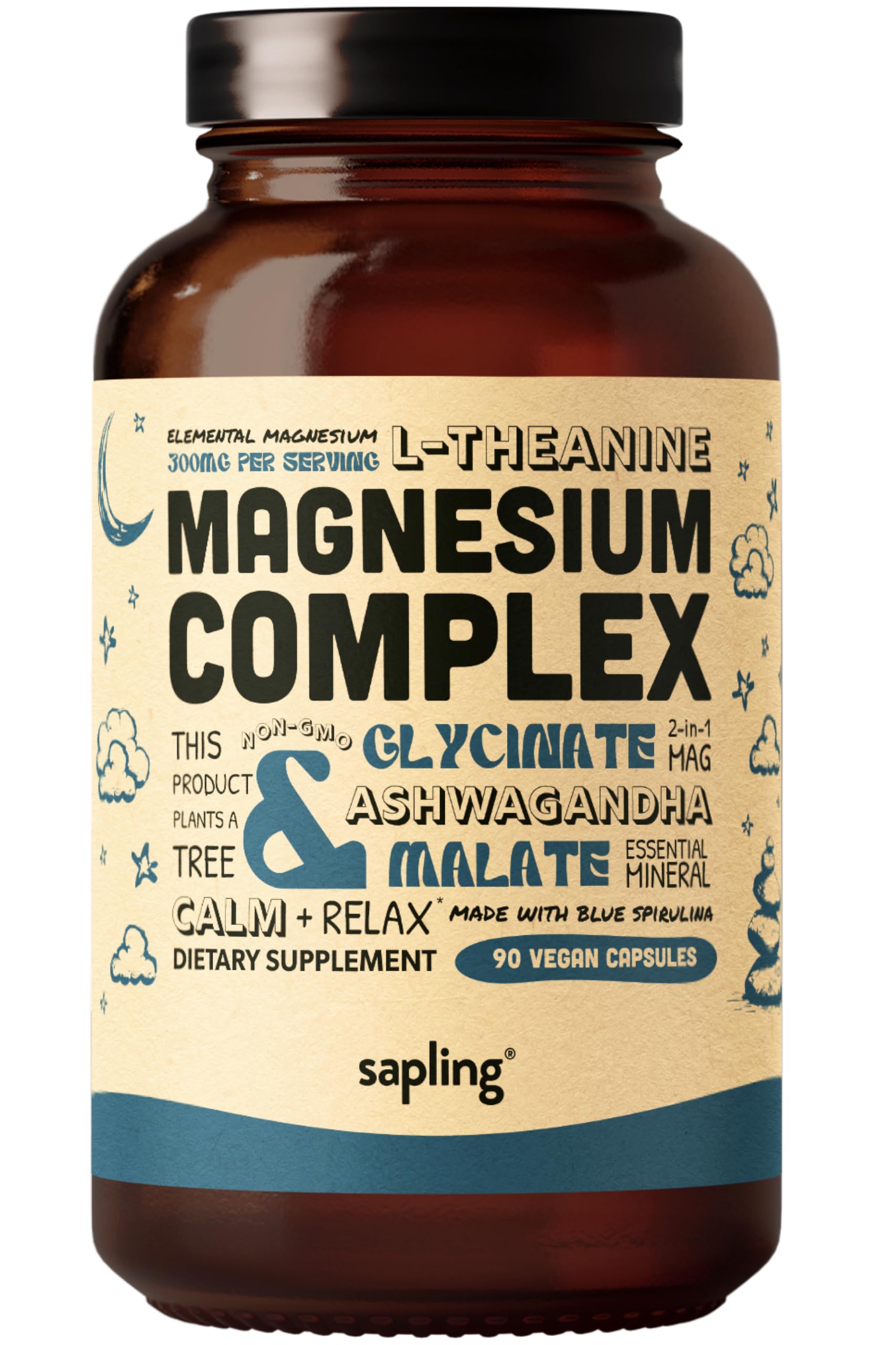 Magnesium Glycinate Complex – Chelated Mg with Malate, Ashwagandha, L-Theanine & Blue Spirulina | 300mg, 90 Veggie Caps