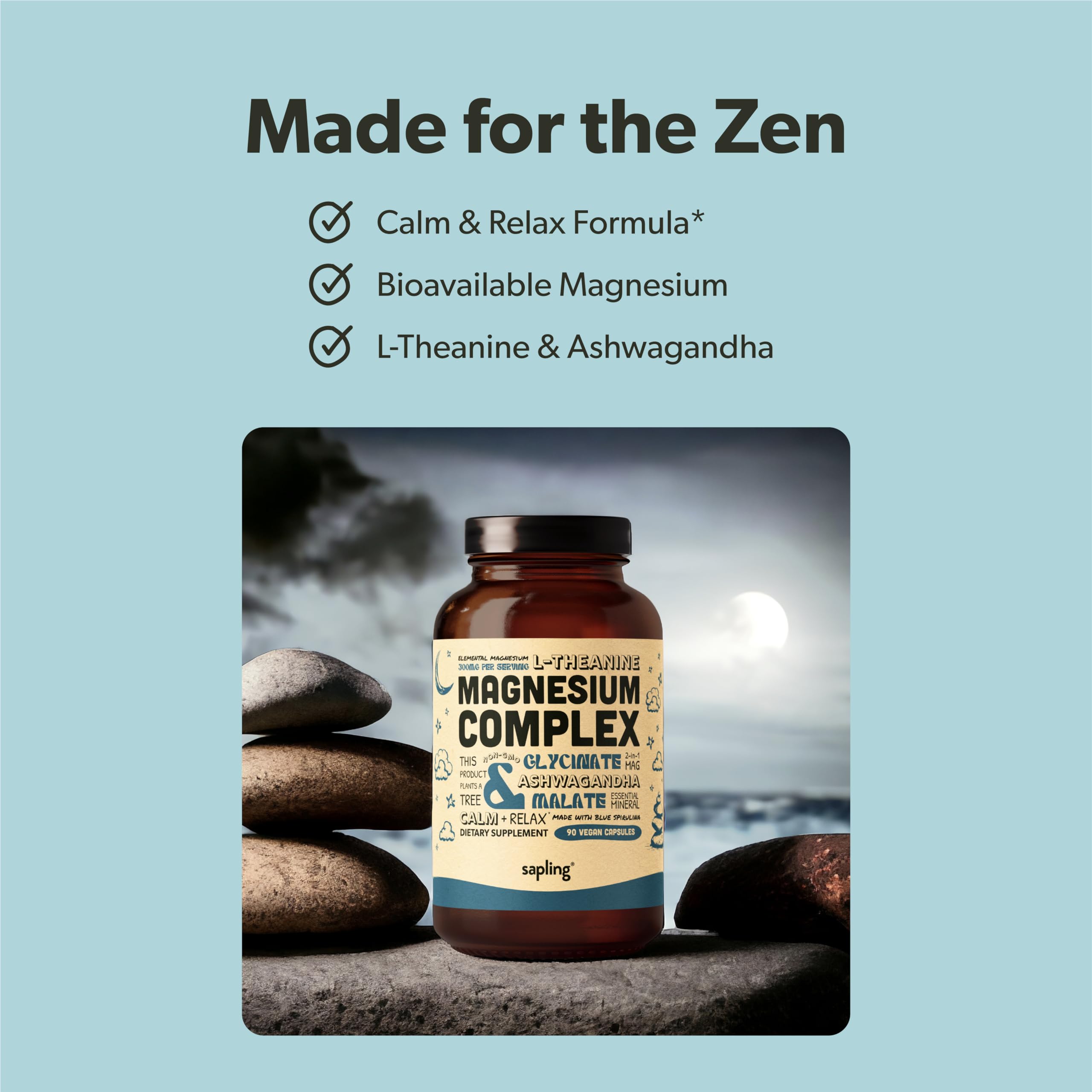 Magnesium Glycinate Complex – Chelated Mg with Malate, Ashwagandha, L-Theanine & Blue Spirulina | 300mg, 90 Veggie Caps