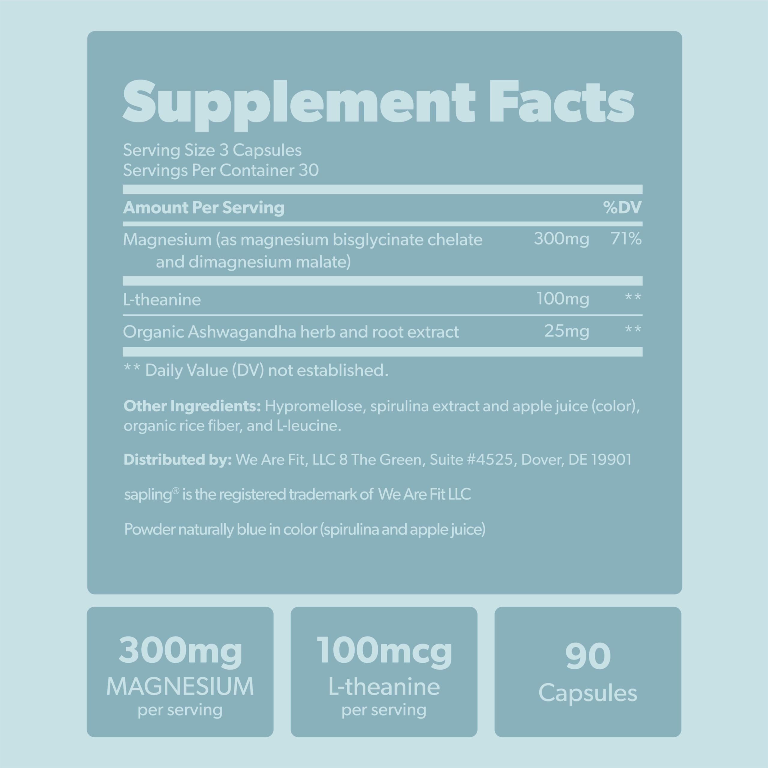 Magnesium Glycinate Complex – Chelated Mg with Malate, Ashwagandha, L-Theanine & Blue Spirulina | 300mg, 90 Veggie Caps