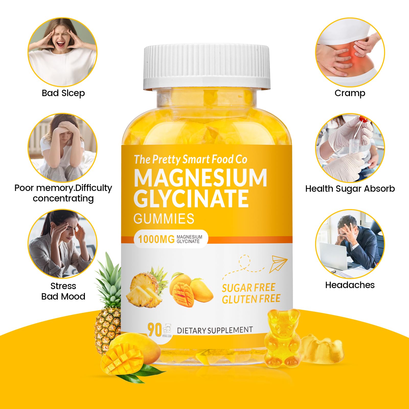 Magnesium Glycinate Gummies 1000mg - 90 Ct | Calm Mood, Sleep Support | Mango Pineapple