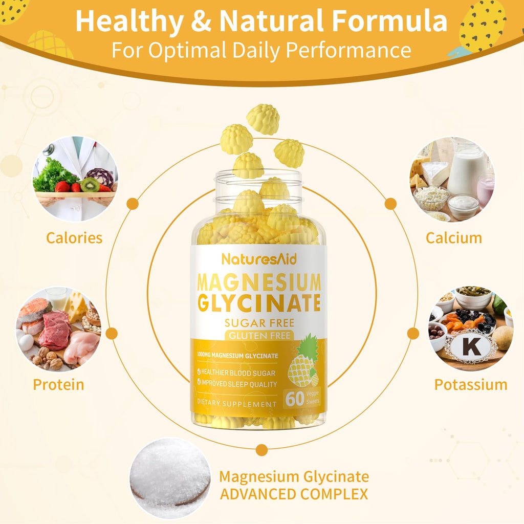 Magnesium Glycinate Gummies 1000mg – Sugar Free with Vitamin D, B6 & CoQ10 (60 Pineapple Gummies)