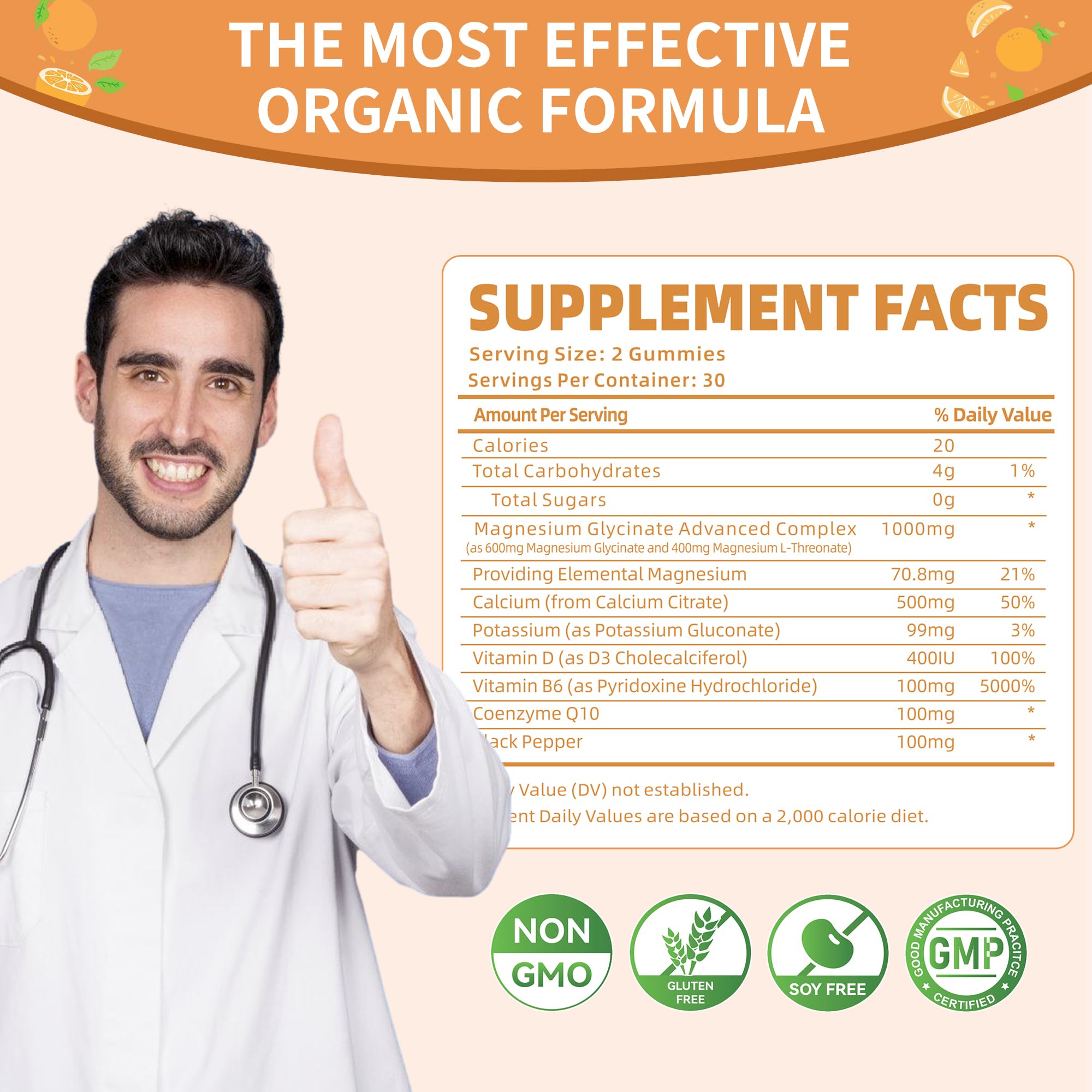 Magnesium Glycinate Gummies 1000mg - Sugar Free with Vitamin D/B6 & CoQ10 | 120 Orange Gummies (2 Pack)