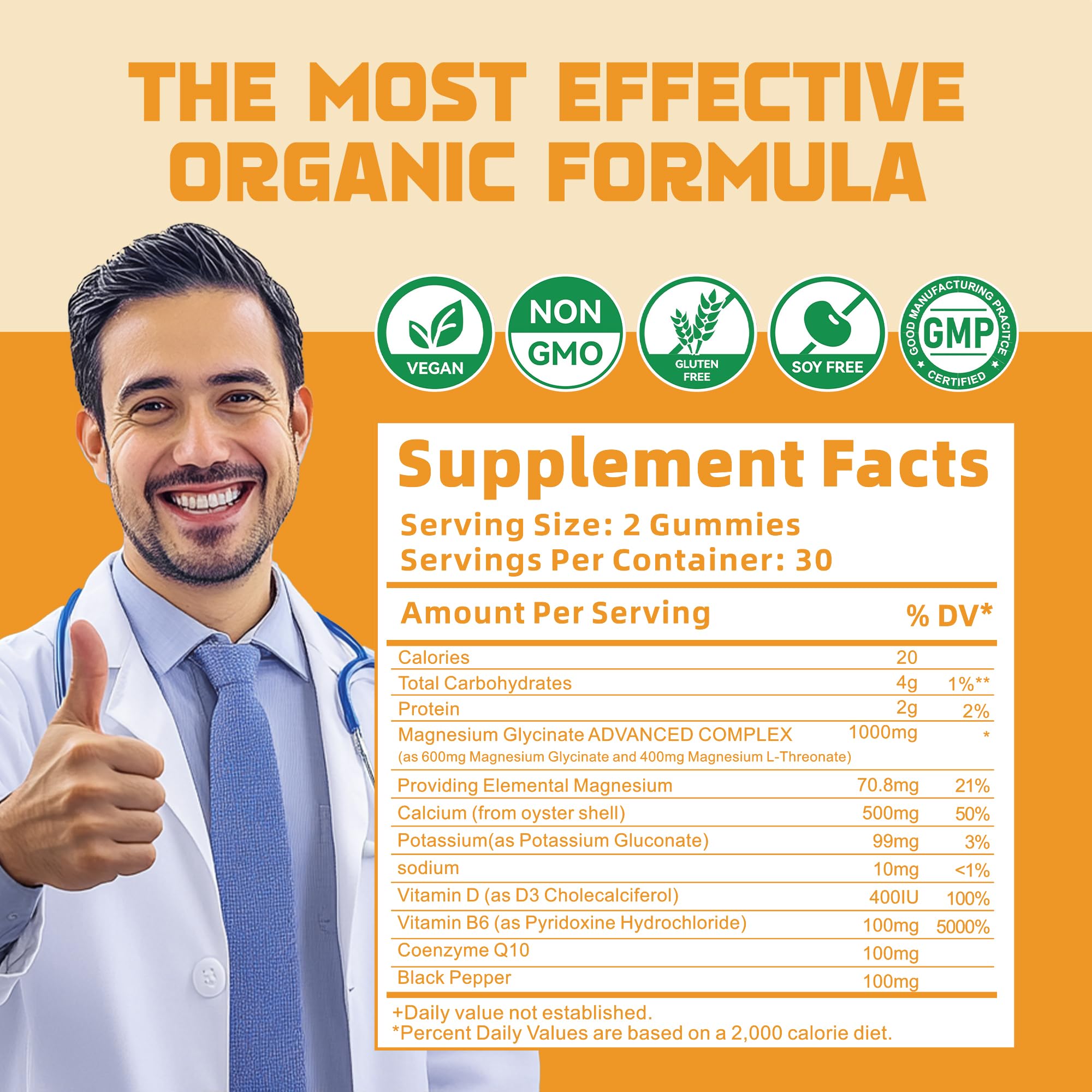 Magnesium Glycinate Gummies 1000mg - Sugar Free Magnesium Potassium Supplement with Vitamin D, B6, CoQ10 for Calm Mood & Sleep Support - 120 Orange Gummies 2 Pack