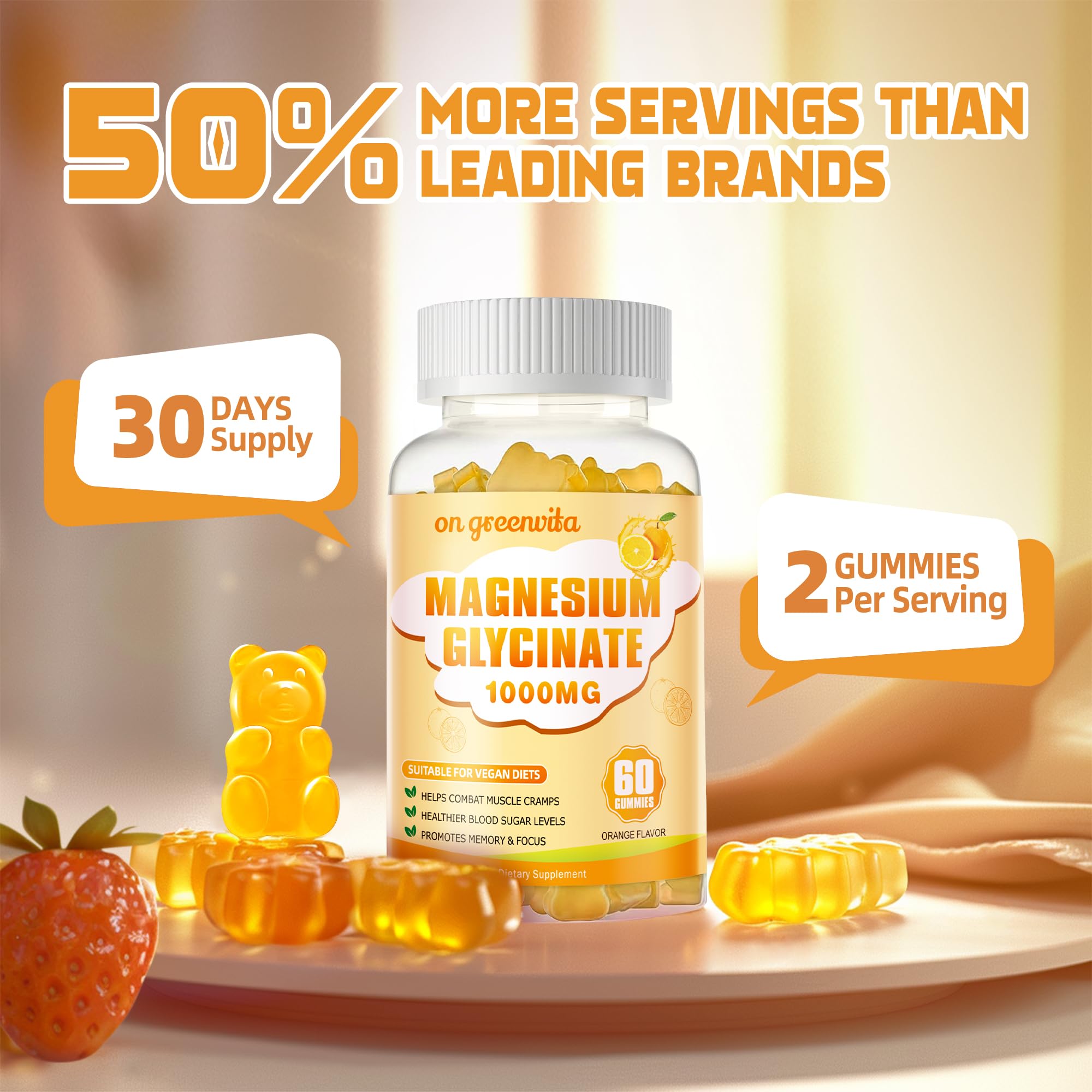 Magnesium Glycinate Gummies 1000mg – Sugar Free, Vitamin D, B6, CoQ10 | 60 Orange Gummies