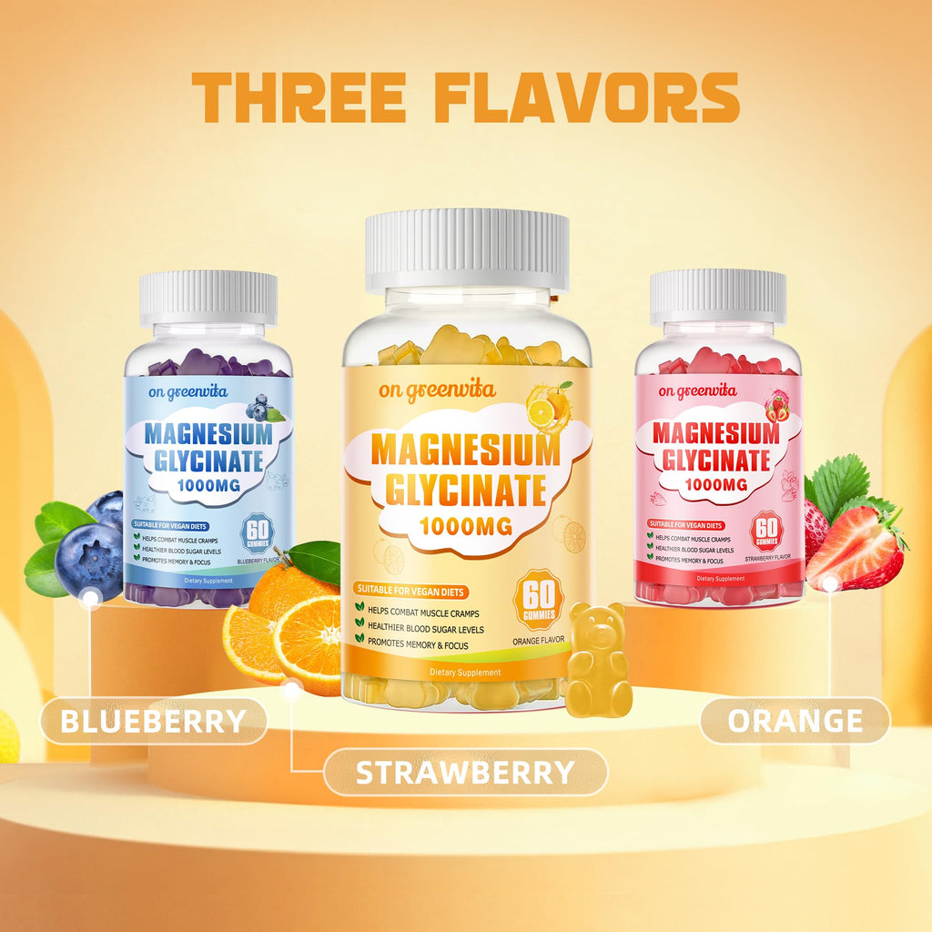 Magnesium Glycinate Gummies 1000mg – Sugar Free, Vitamin D, B6, CoQ10 | 60 Orange Gummies