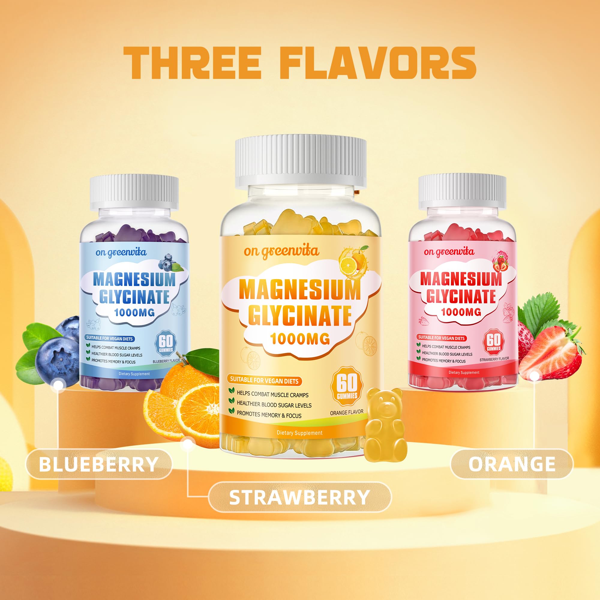 Magnesium Glycinate Gummies 1000mg – Sugar Free, Vitamin D, B6, CoQ10 | 60 Orange Gummies
