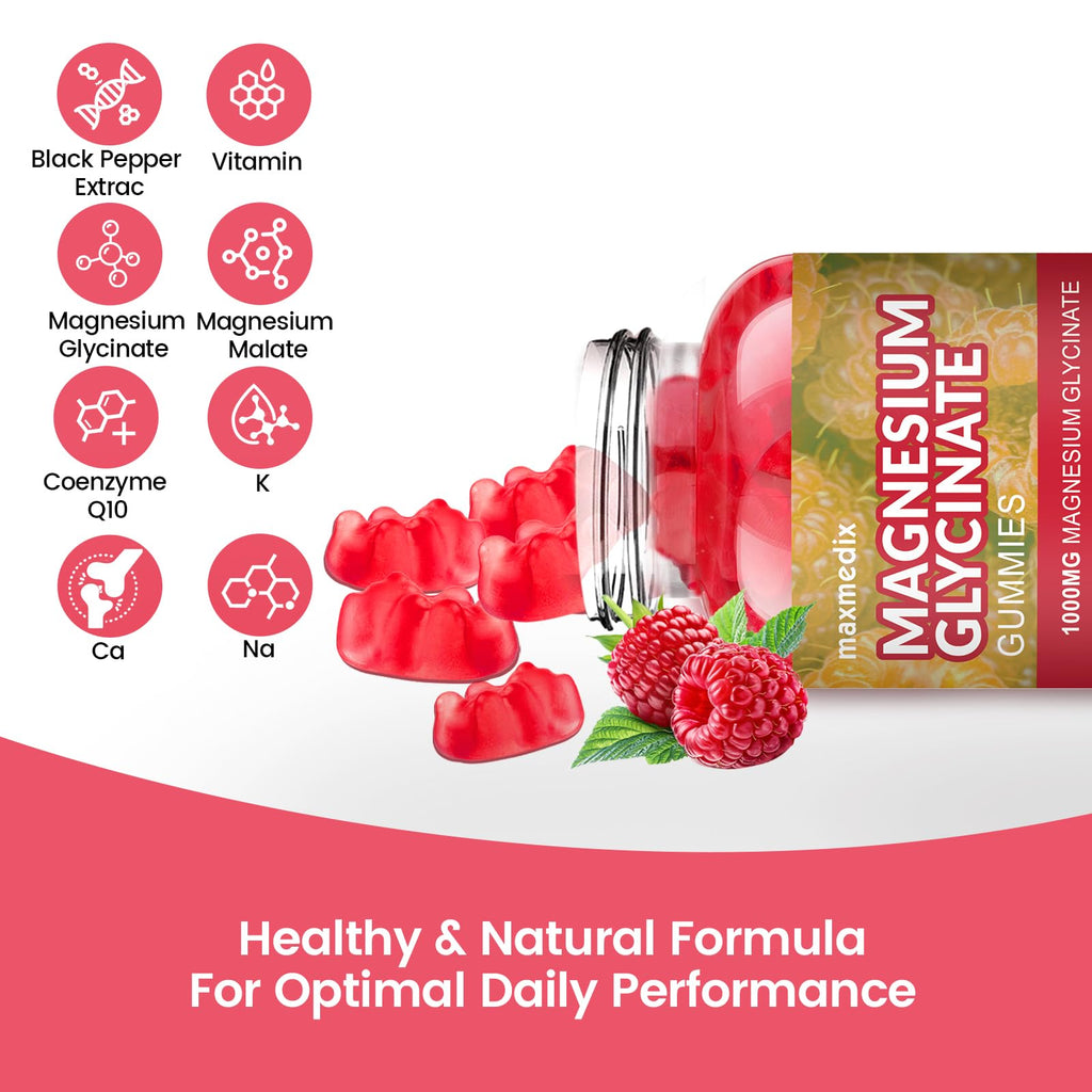 Magnesium Glycinate Gummies 1000mg – Sugar Free Potassium Magnesium for Sleep, Relaxation & Body Support (90 Raspberry Gummies)