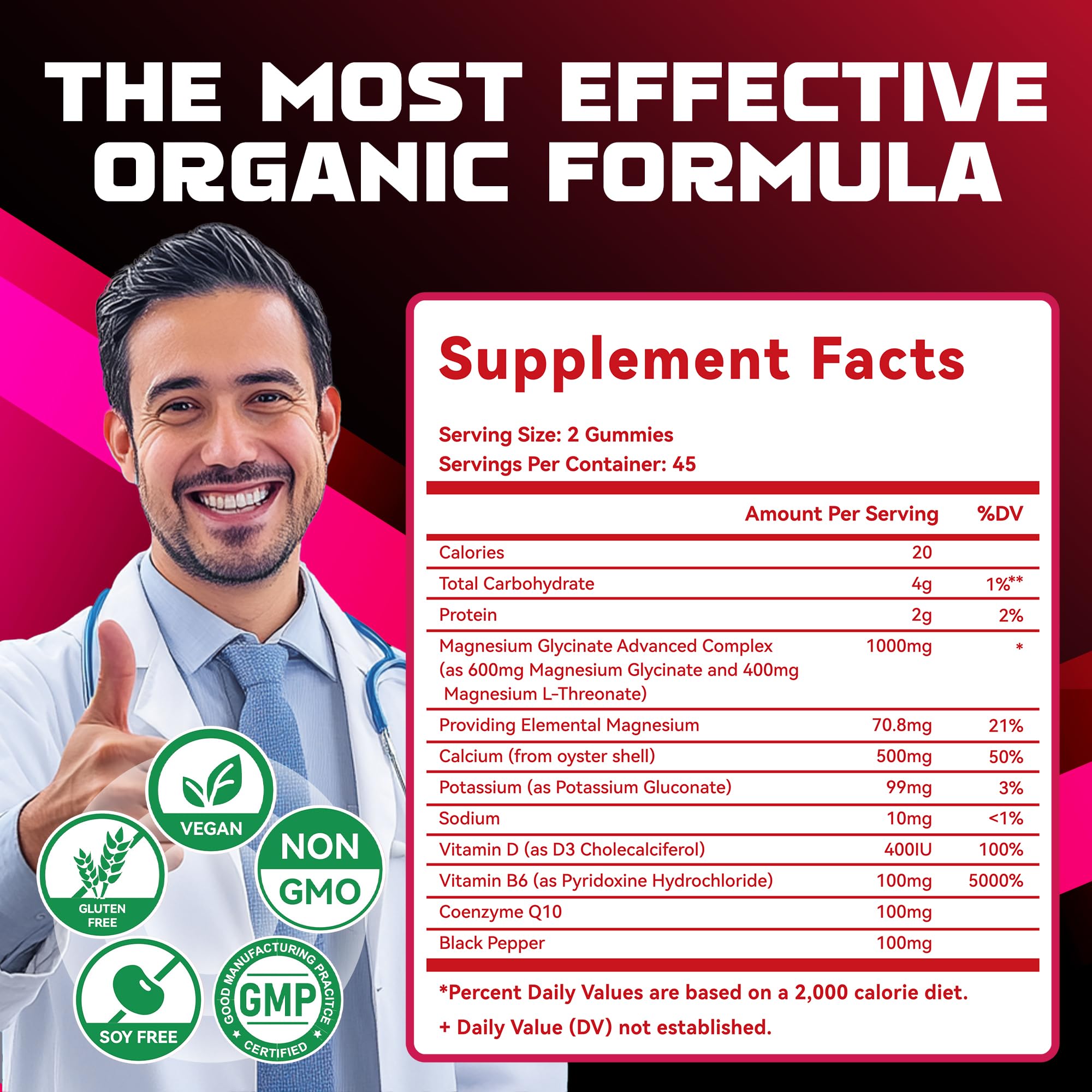 Magnesium Glycinate Gummies 1000mg – Sugar Free w/ Vitamin D, B6, CoQ10 (90 Raspberry Gummies)