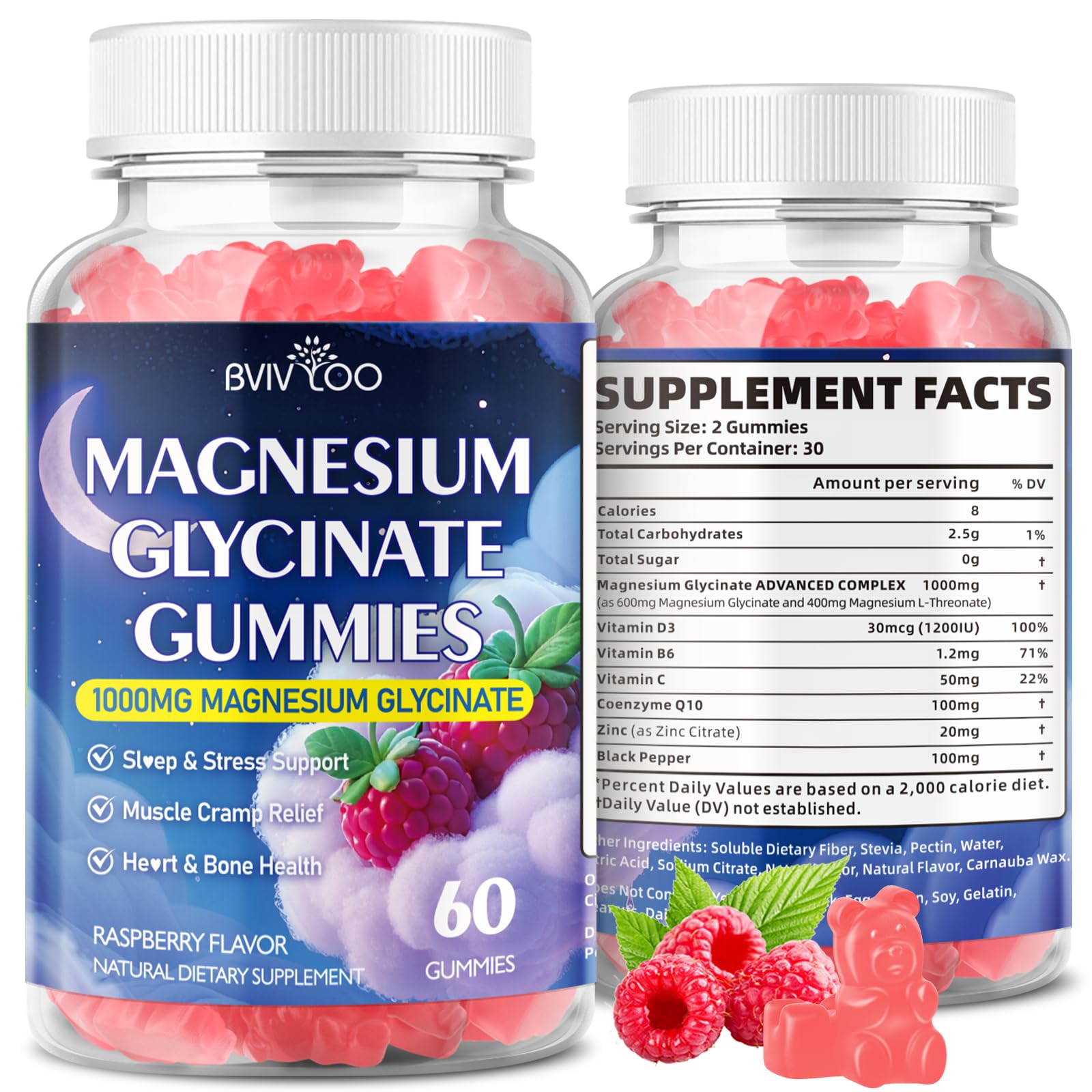 Magnesium Glycinate Gummies 1000mg with L-Threonate – D3, B6 & CoQ10 | Sugar-Free Raspberry, 60 Count