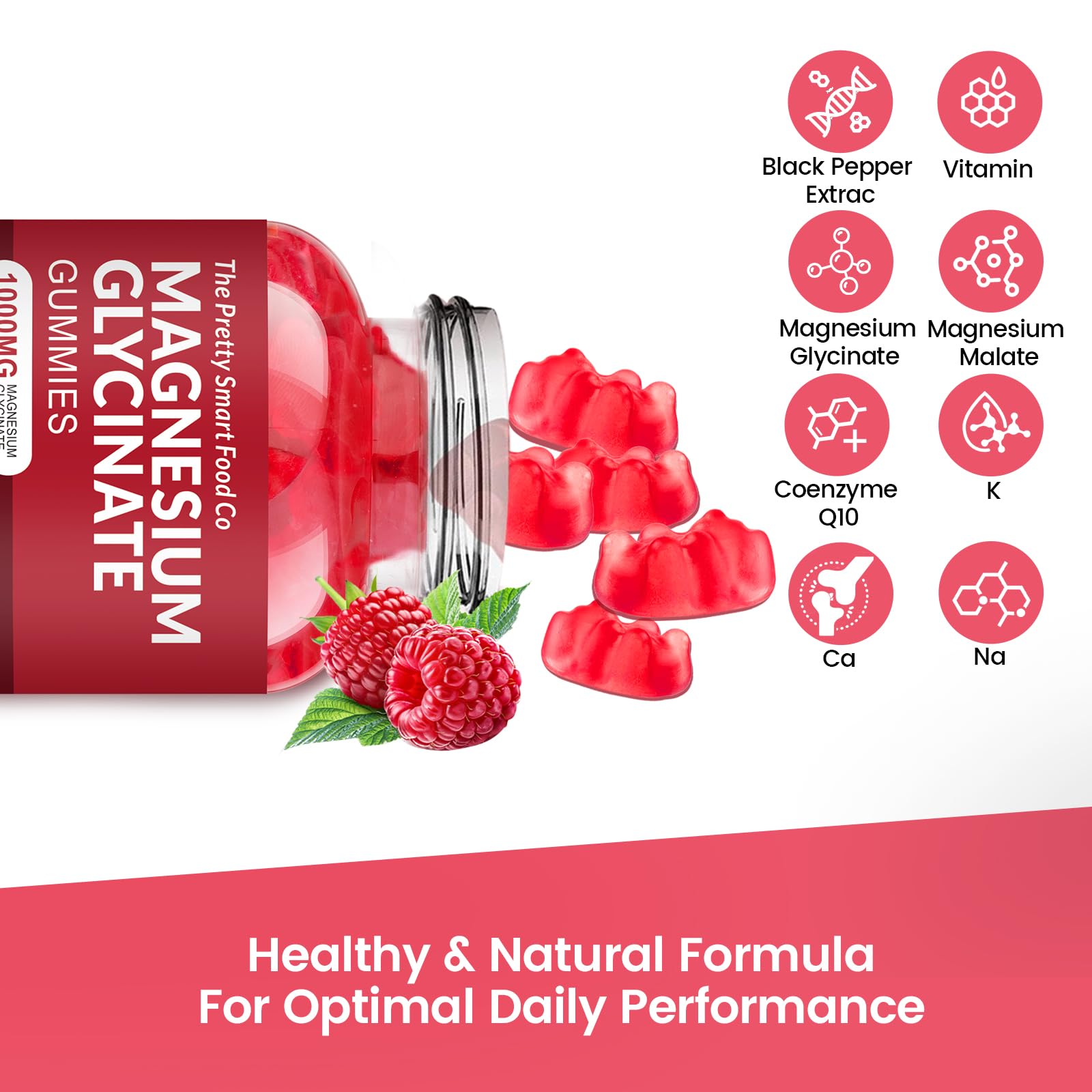 Magnesium Glycinate Gummies 1000mg – 90 Count | Calm Mood & Sleep Support (Raspberry)